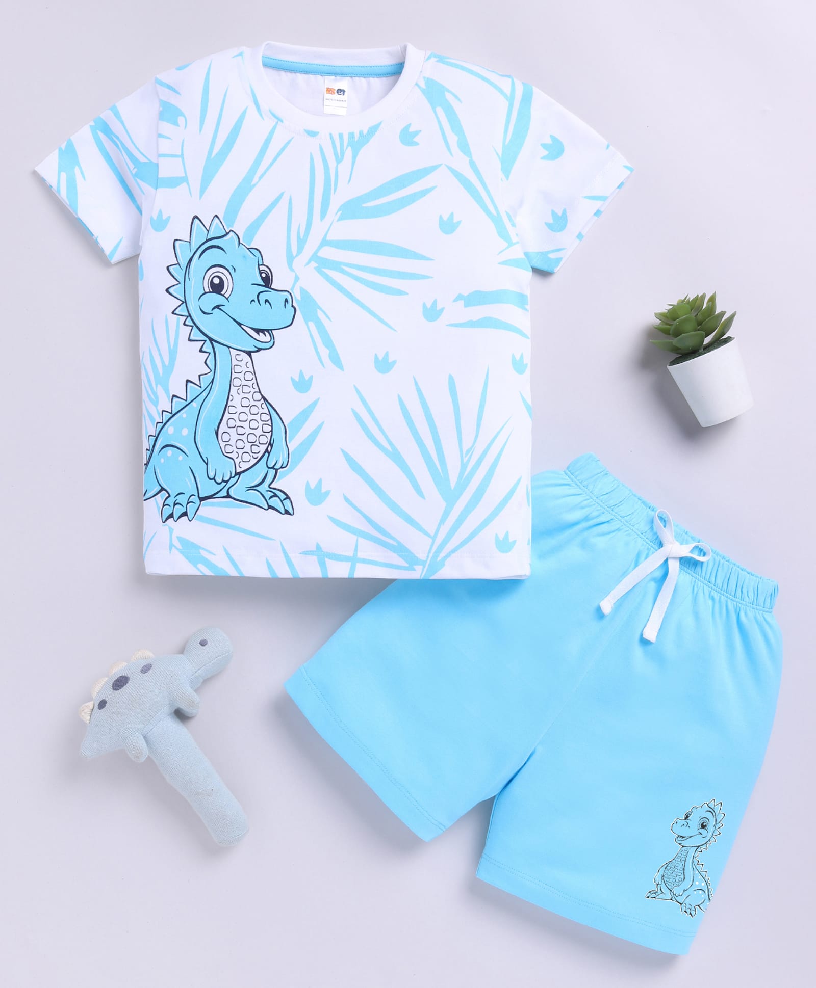Little Ninja Cotton Knit Half Sleeves Dino Printed T-Shirt & Shorts Set - Light Blue-picture-13