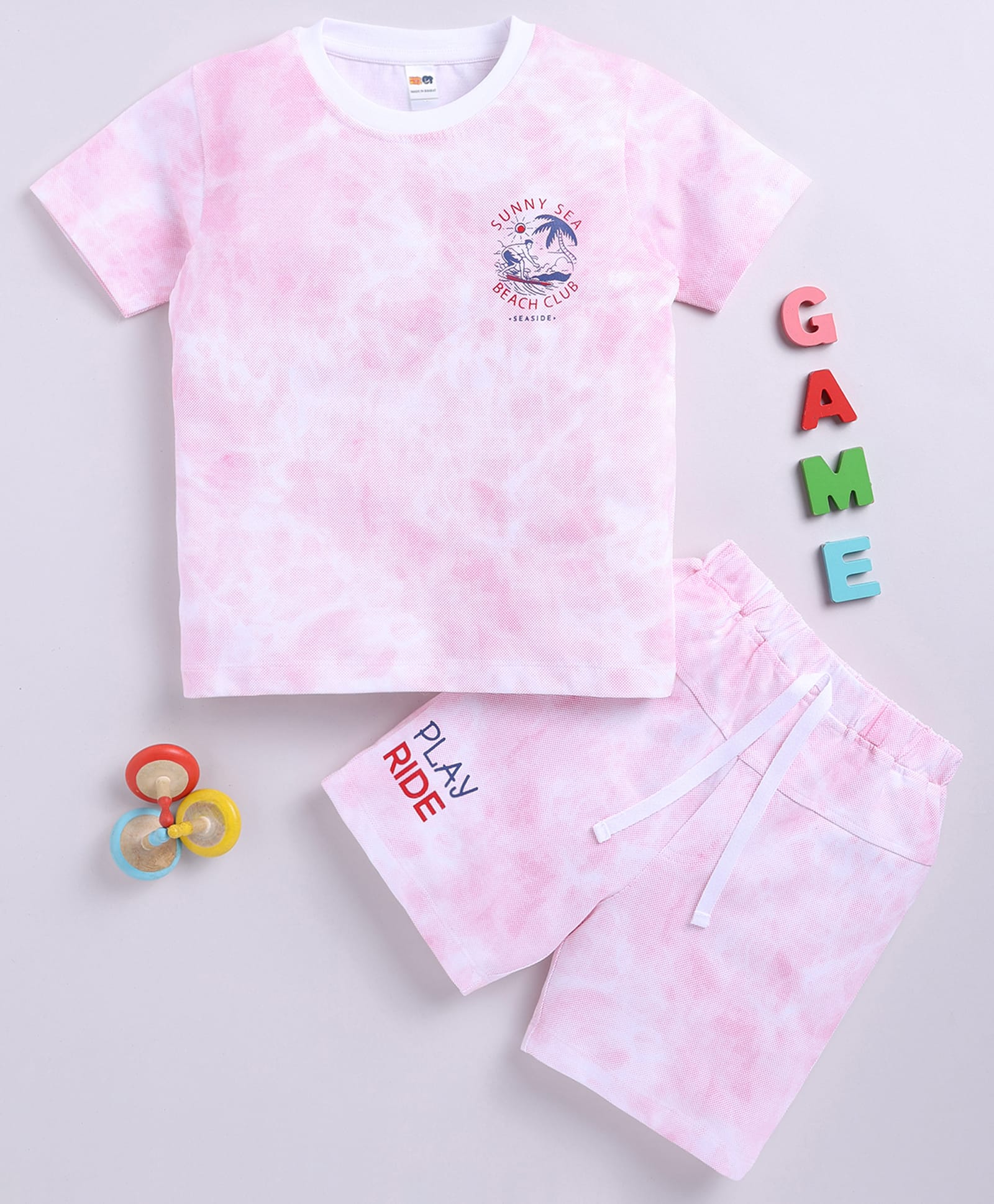 Little Ninja Cotton Knit Half Sleeves Tie Dye & Sunny Sea Text Printed T-Shirt & Shorts Set - Pink-picture-34