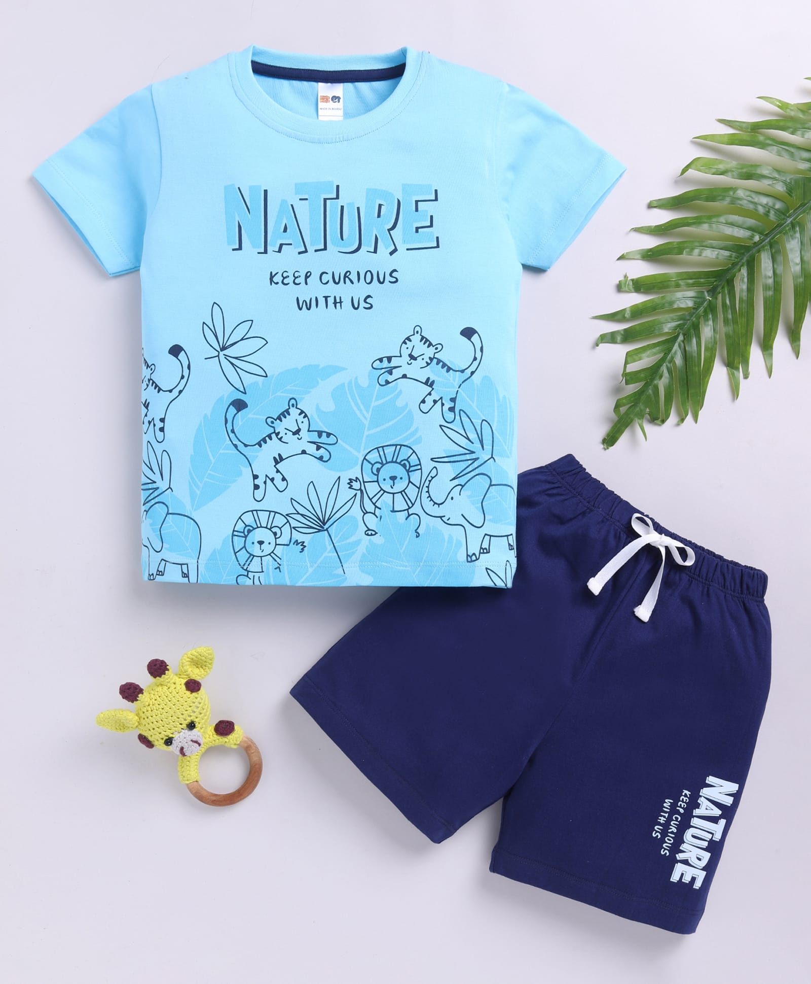 Little Ninja Cotton Knit Half Sleeves Baby Animals Printed T-Shirt & Shorts Set - Light Blue-image-21