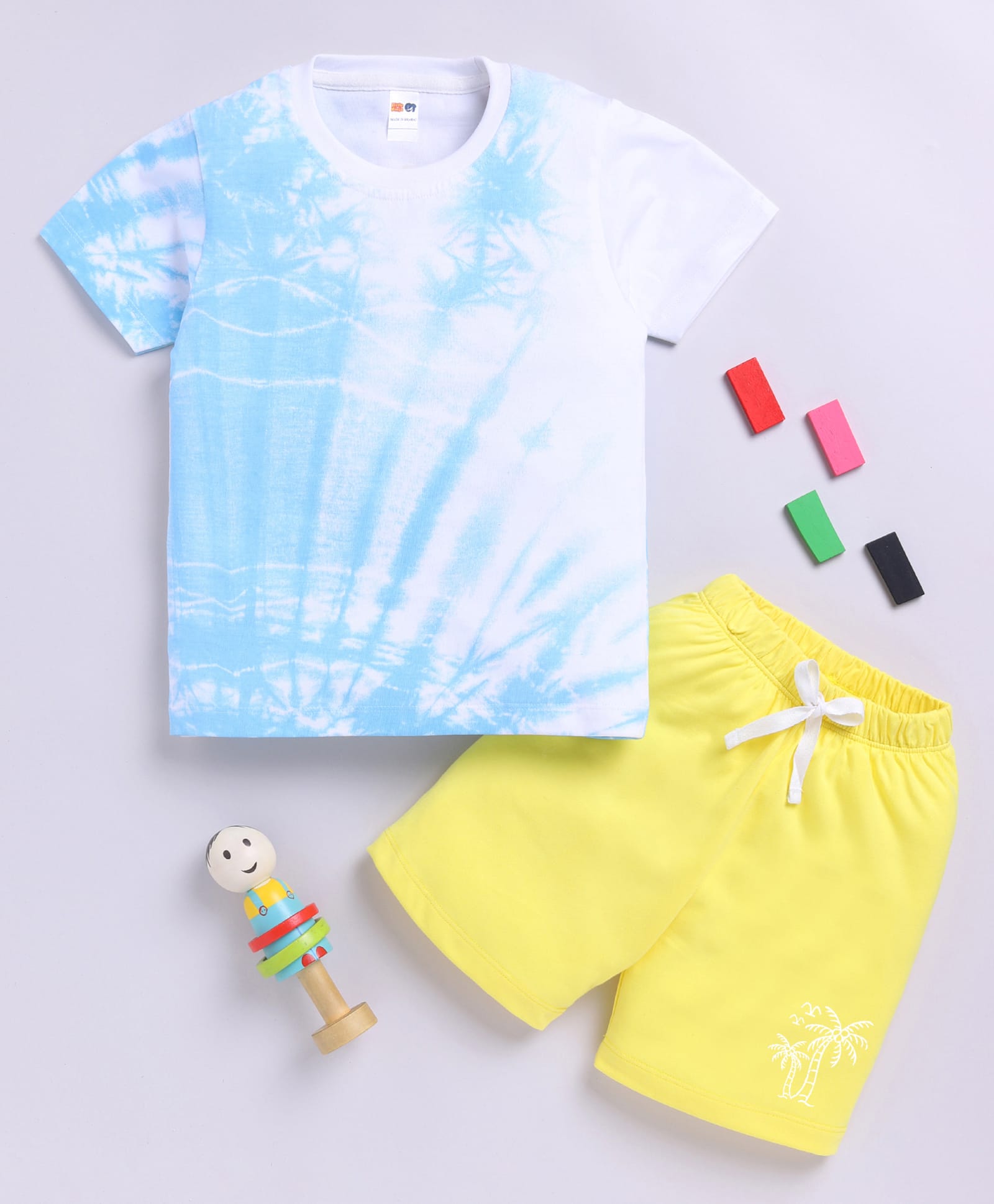 Little Ninja Cotton Knit Half Sleeves Tropical Theme Printed Tie Dye T-Shirt & Shorts Set - Light Blue-image-42