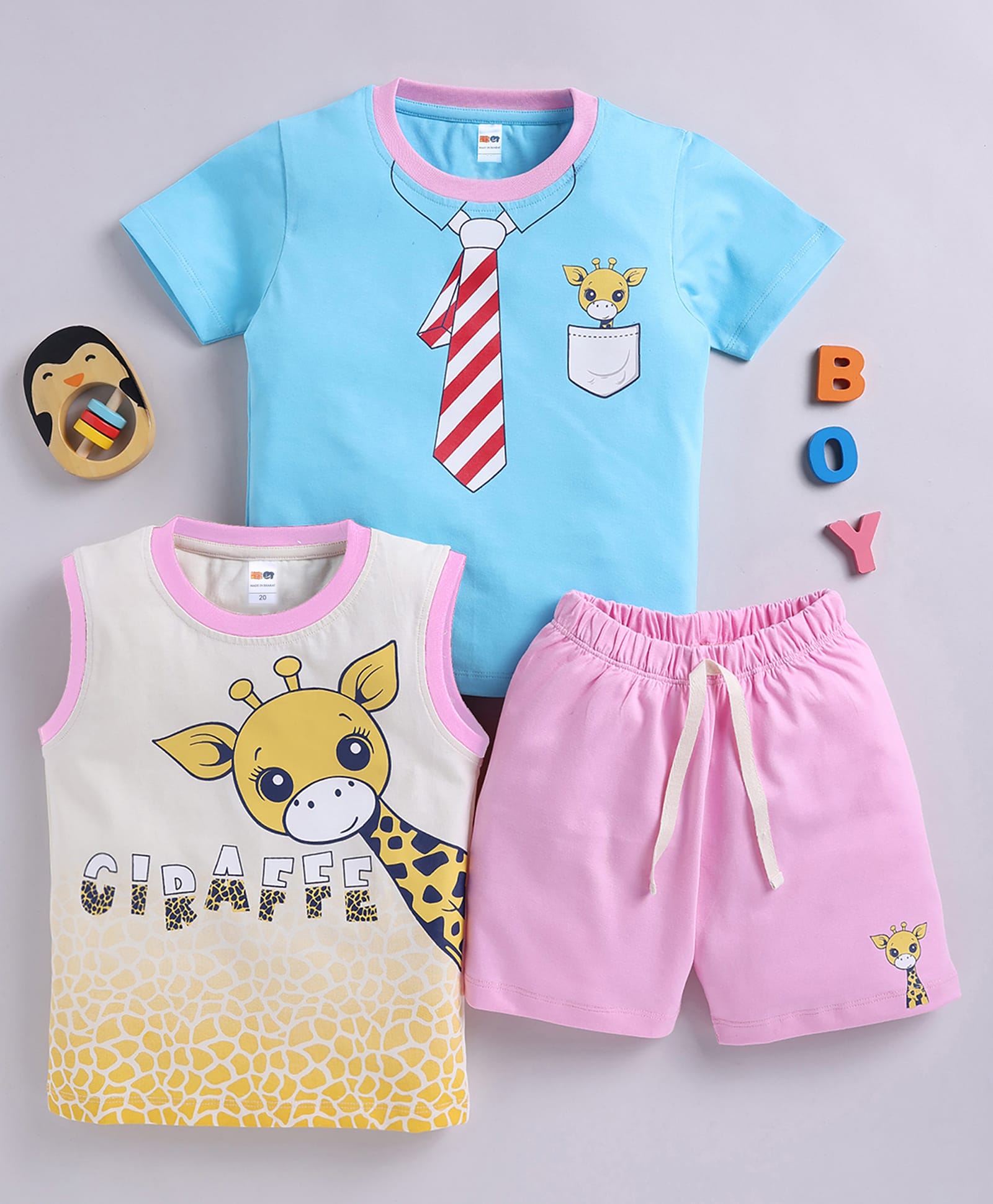 Little Ninja Cotton Knit Half Sleeves Giraffe Printed T-Shirt & Shorts Set With Tank T-Shirt - Blue-picture-22