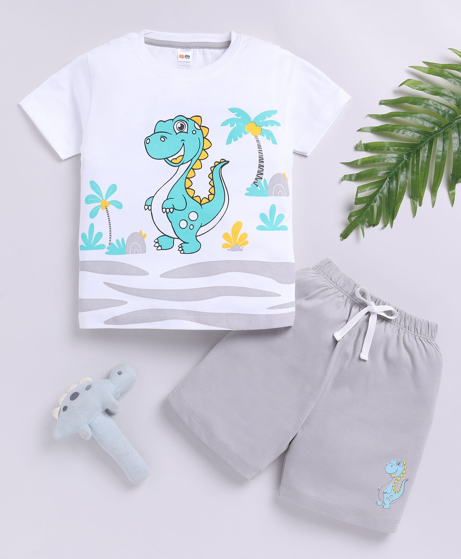 Little Ninja Cotton Knit Half Sleeves Dino Printed Tee & Shorts Set - White-picture-29