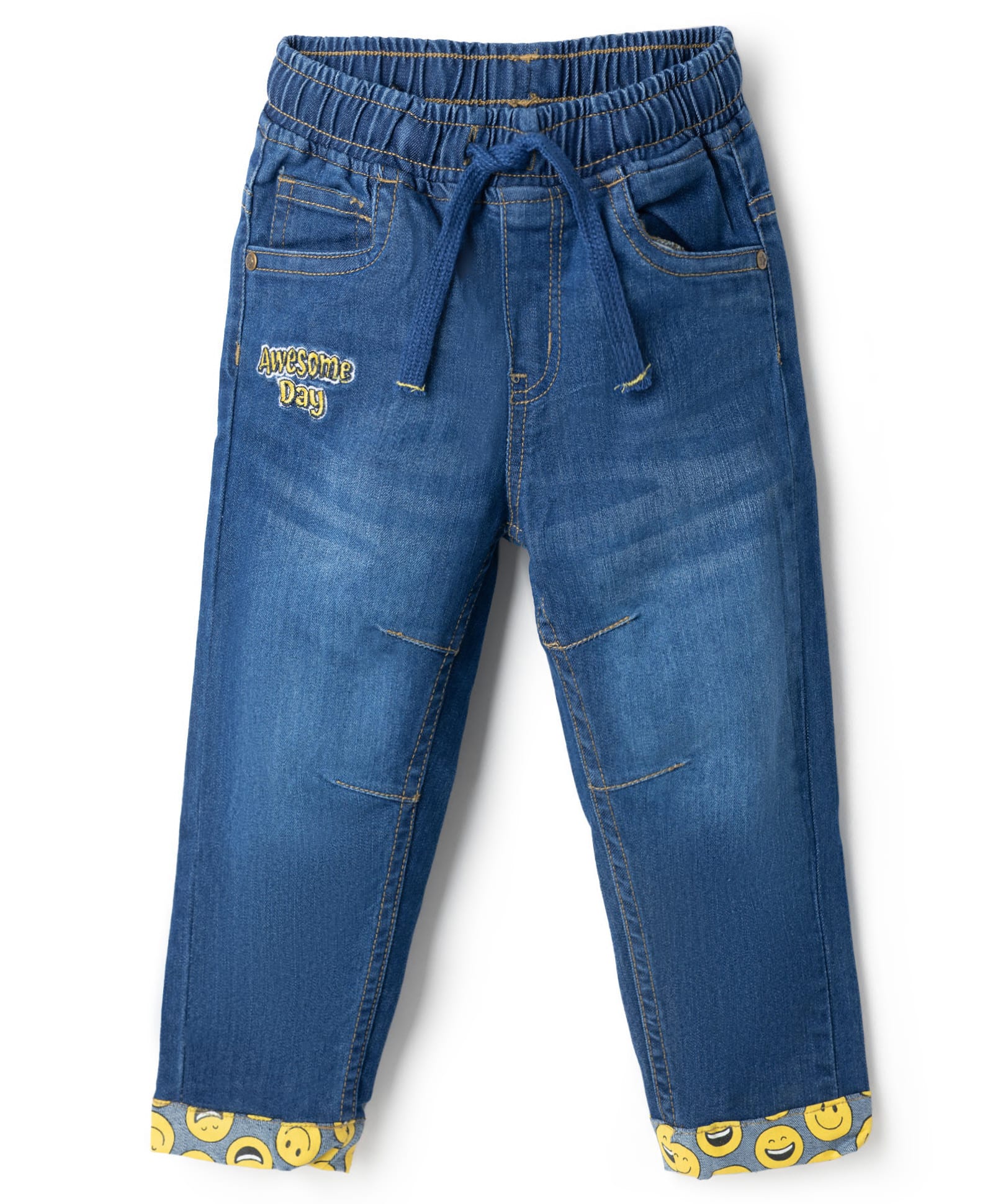 Babyhug Denim Full Length Washed Jeans With Stretch, Text Embroidery & Smiley Print at Hem - Blue-picture-13