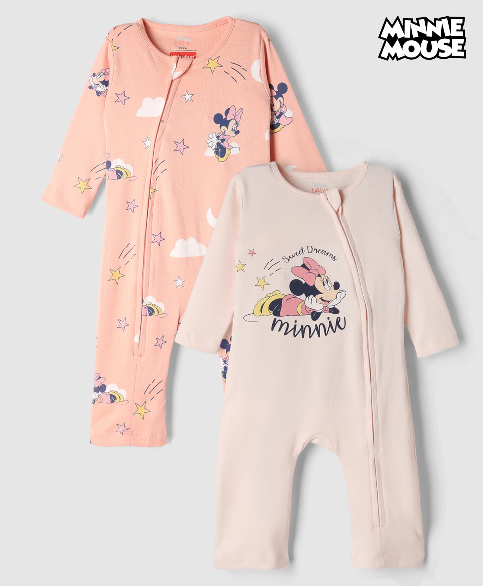 Babyhug Disney Interlock Knit Full Sleeve Rompers With Minnie Mouse Graphic Pack of 2 - Peach & Pink-image-24