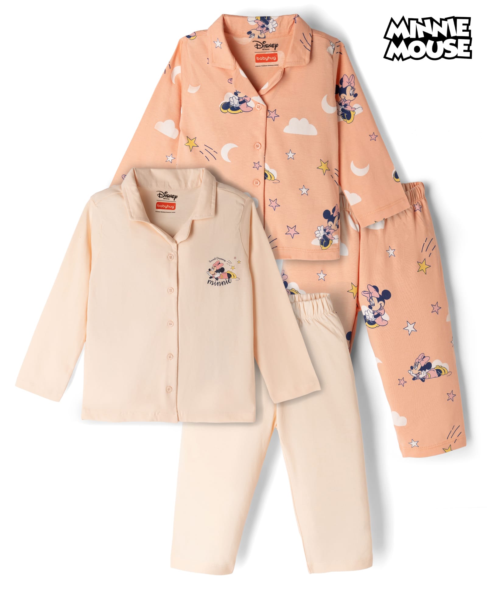 Babyhug Disney Single Jersey Knit Full Sleeves Co-Ords Shirt & Pyjama Night Suit with Minnie Mouse Graphics Pack of 2 - Peach & Dark Peach-image-45
