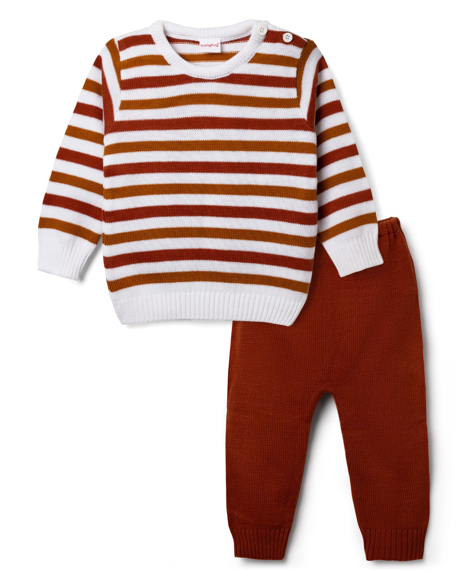 Babyhug Knit Full Sleeves Striped Sweater Set - Rust Orange-image-17