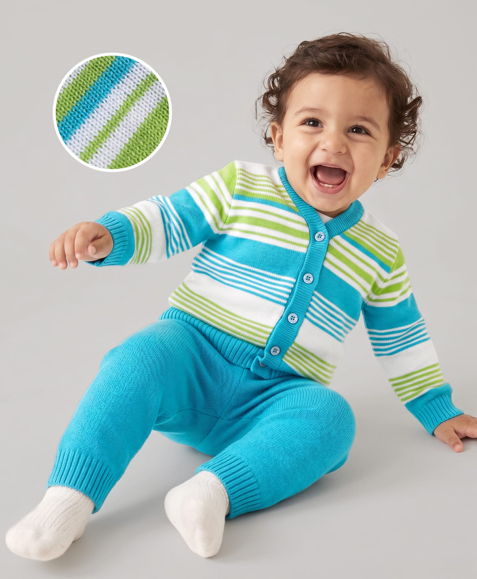 Babyhug Knit Full Sleeves Striped Sweater Set - Limegreen-image-33