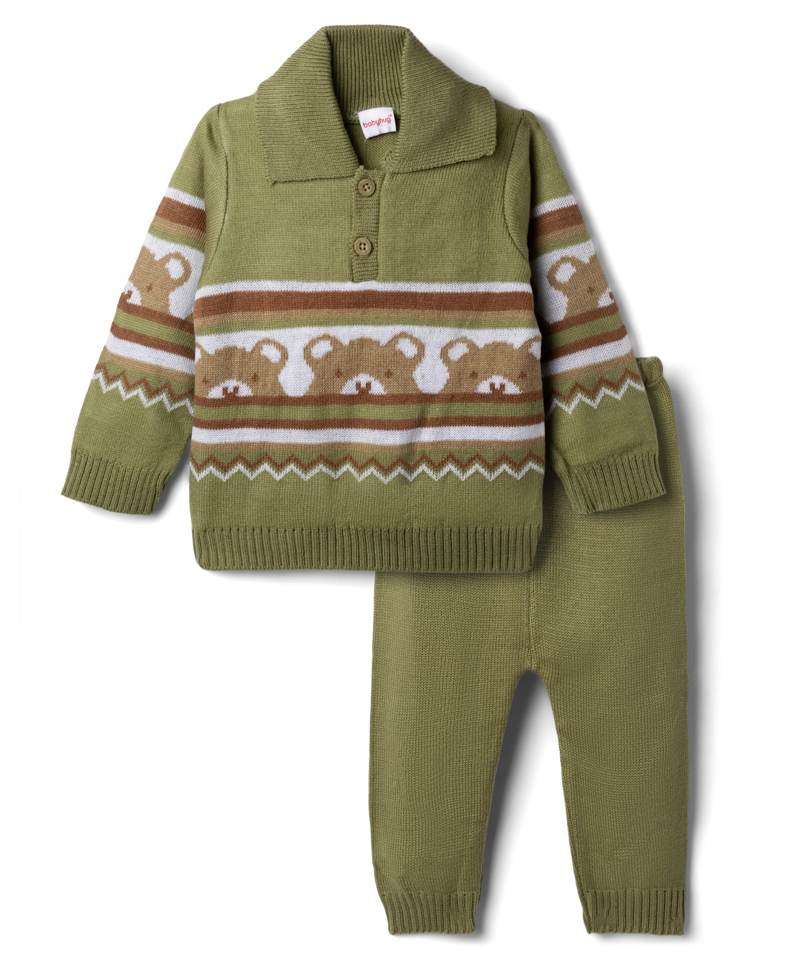 Babyhug Knit Full Sleeves Sweater Set With Bear Design - Olive Green-picture-14