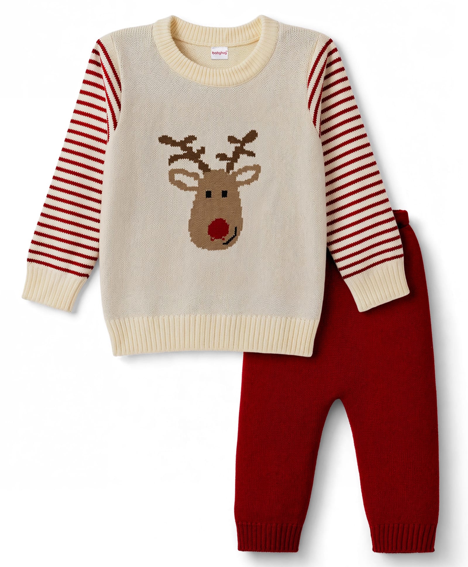 Babyhug Knit Full Sleeves Striped & Reindeer Designed Sweater Set - Cream-picture-24