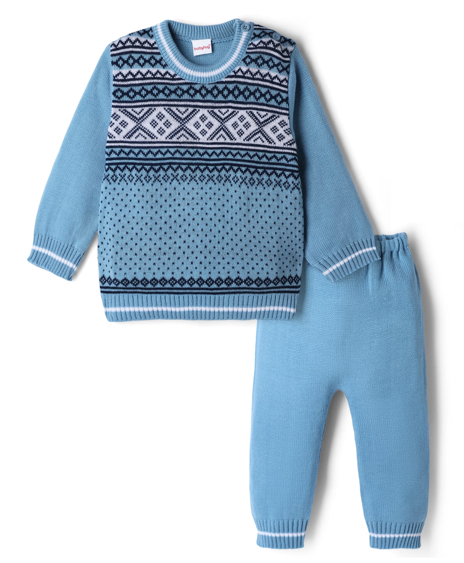 Babyhug Knit Full Sleeves Argyle Design Sweater Set - Light Blue-image-48