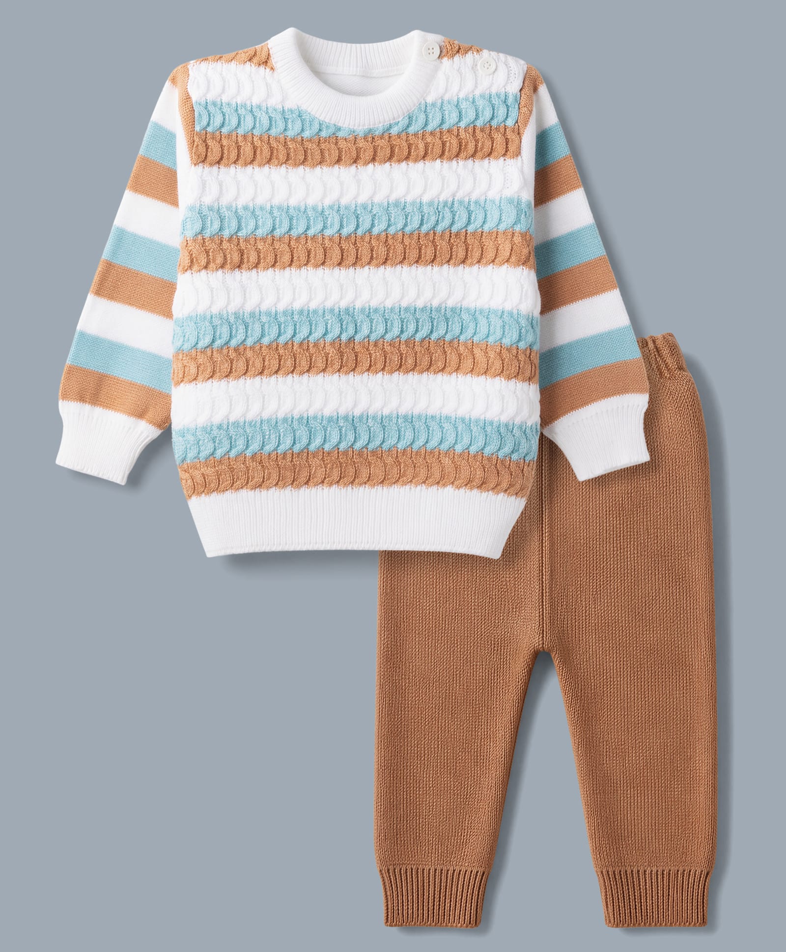 Babyhug Knit Full Sleeves Striped Sweater Set - Rust Orange-image-22