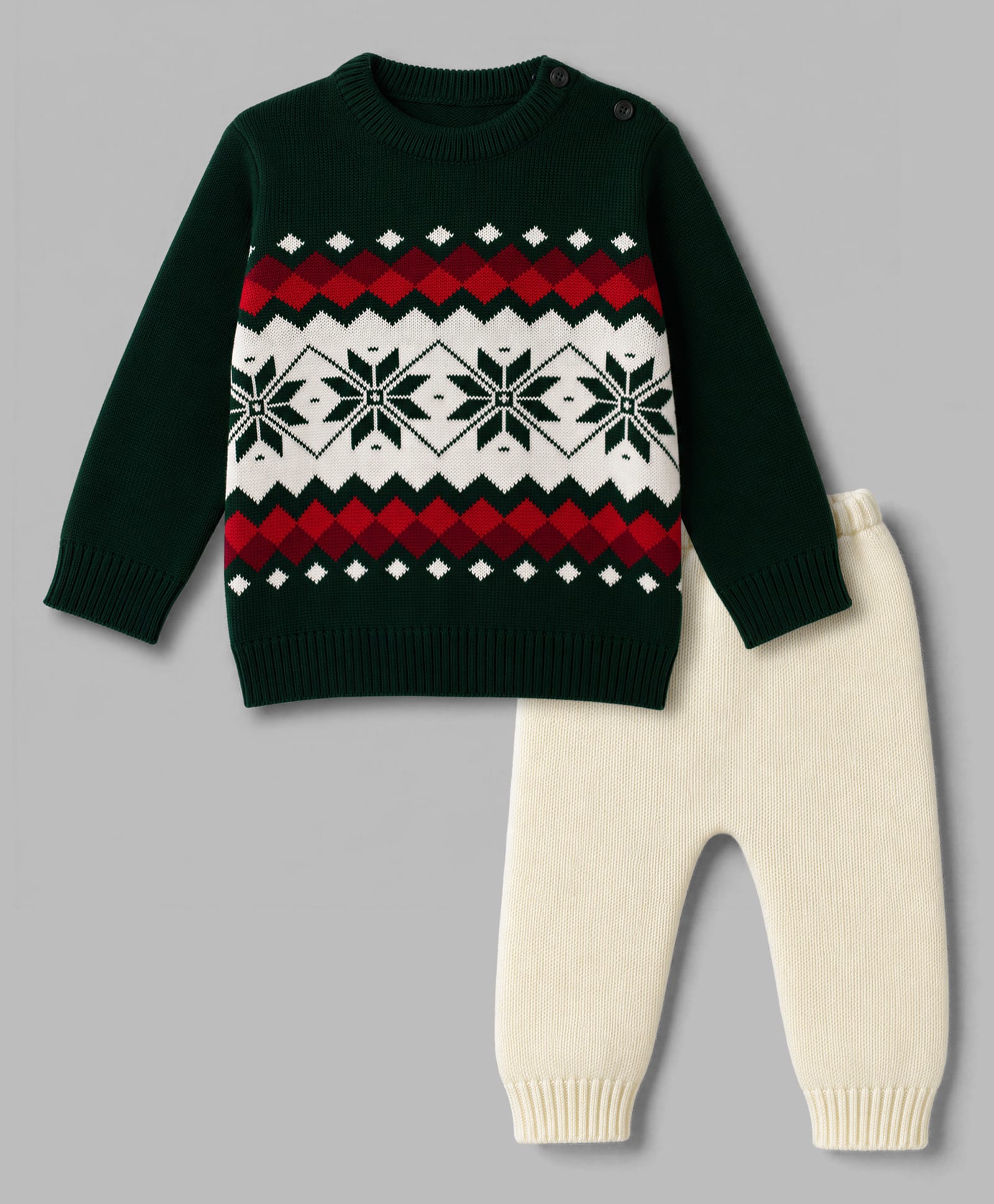 Babyhug Knit Full Sleeves Sweater Set with Geometric Design - Dark Green-image-6