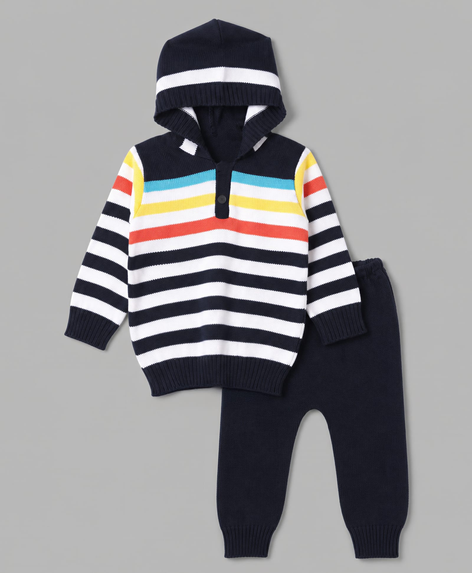 Babyhug Knit Full Sleeves Striped Hooded Sweater Set - Navy Blue-image-33