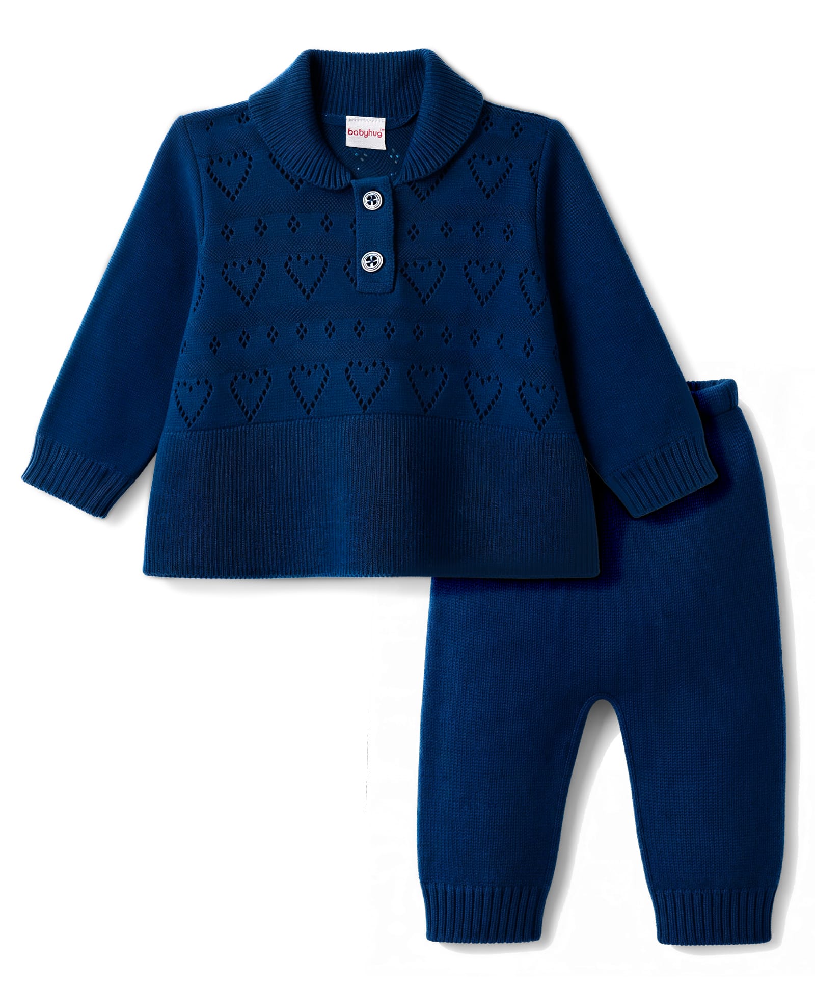 Babyhug Knit Full Sleeves Solid Colour Polo Neck Sweater Set - Navy Blue-picture-27