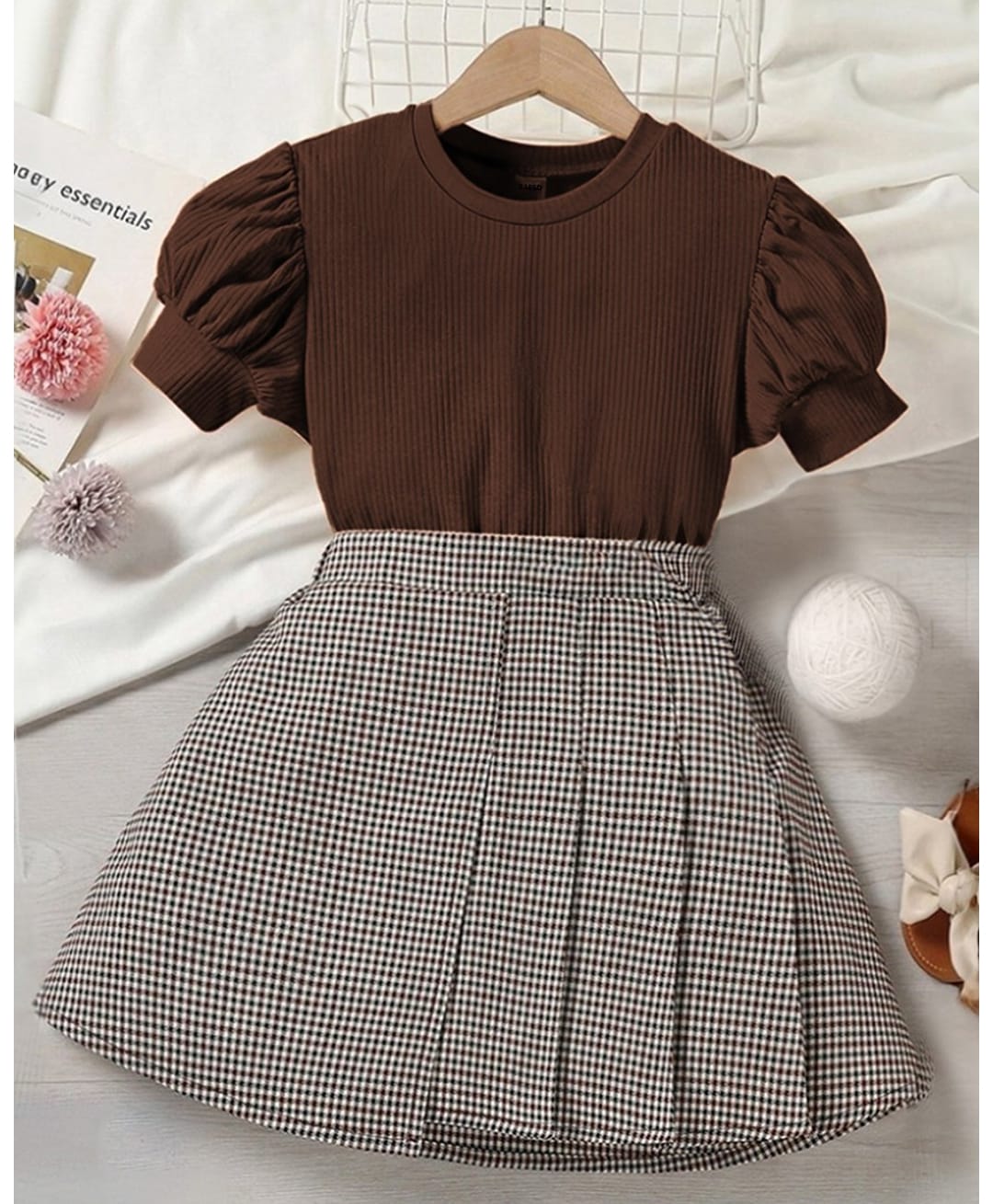The Kids Club Cotton Blend Woven Half Puffed Sleeves Checked Dress - Brown-image-33