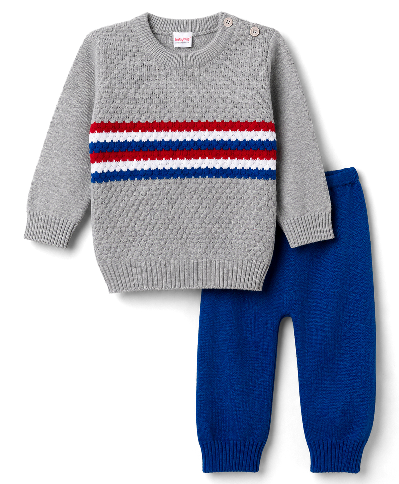 Babyhug Knit Full Sleeves Striped Sweater Set - Grey-image-22
