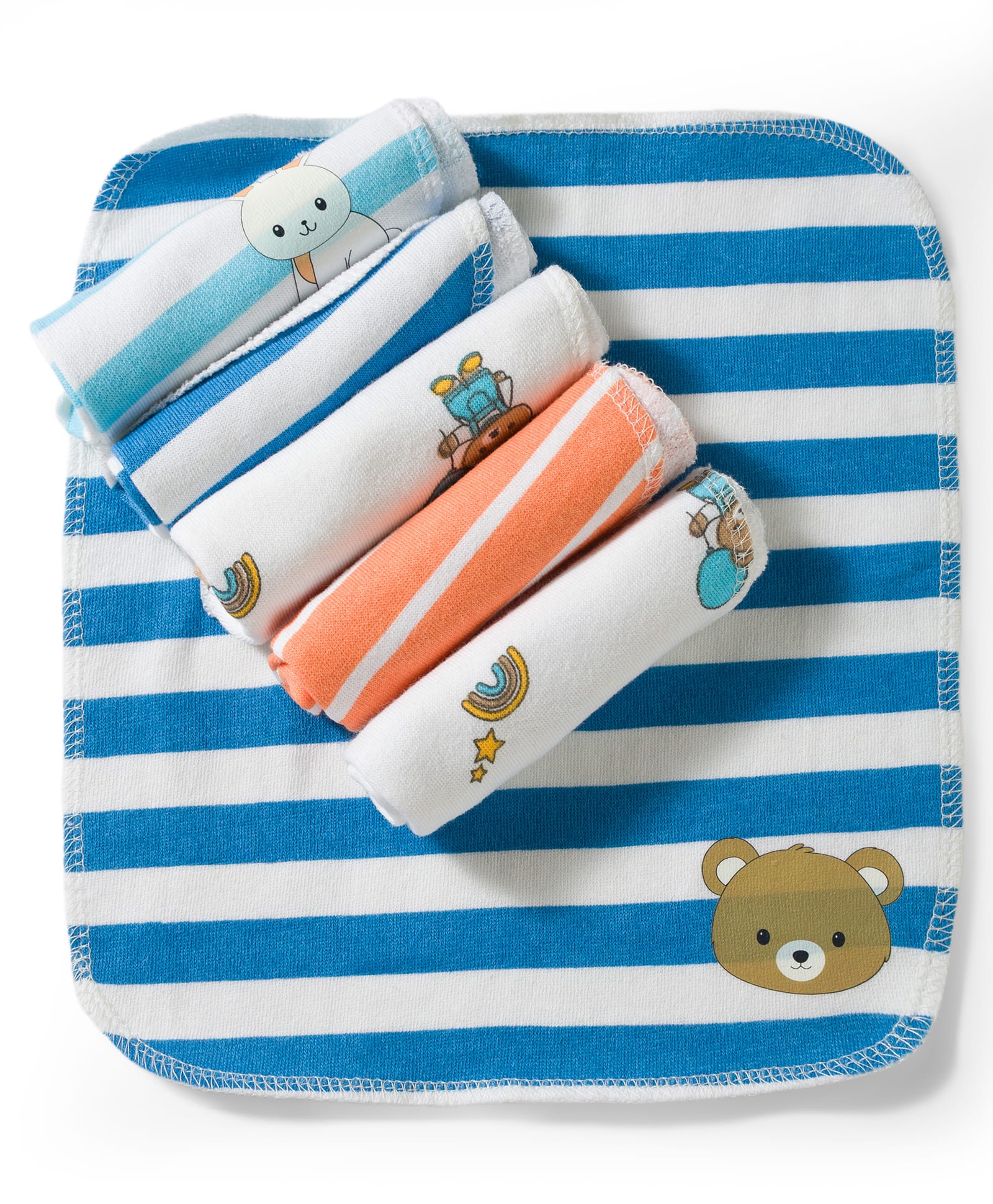 Babyhug Cotton Knit Striped Hand & Face Towels With Animal Print Pack of 6 - Peach, Blue & White-image-4