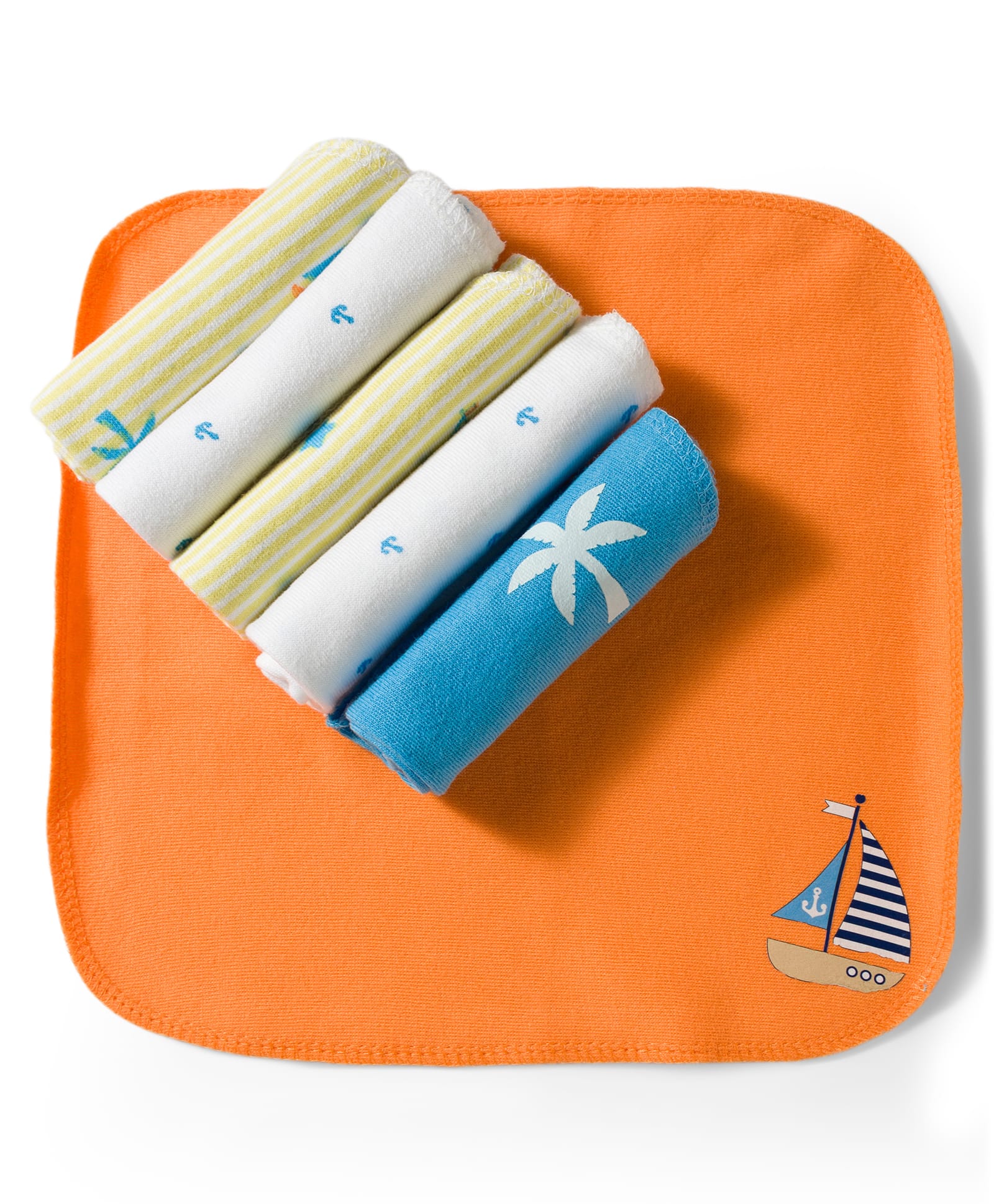Babyhug Cotton Knit Striped Hand & Face Towels With Nautical & Tropical Print Pack of 6 - Yellow, Orange & White-image-0