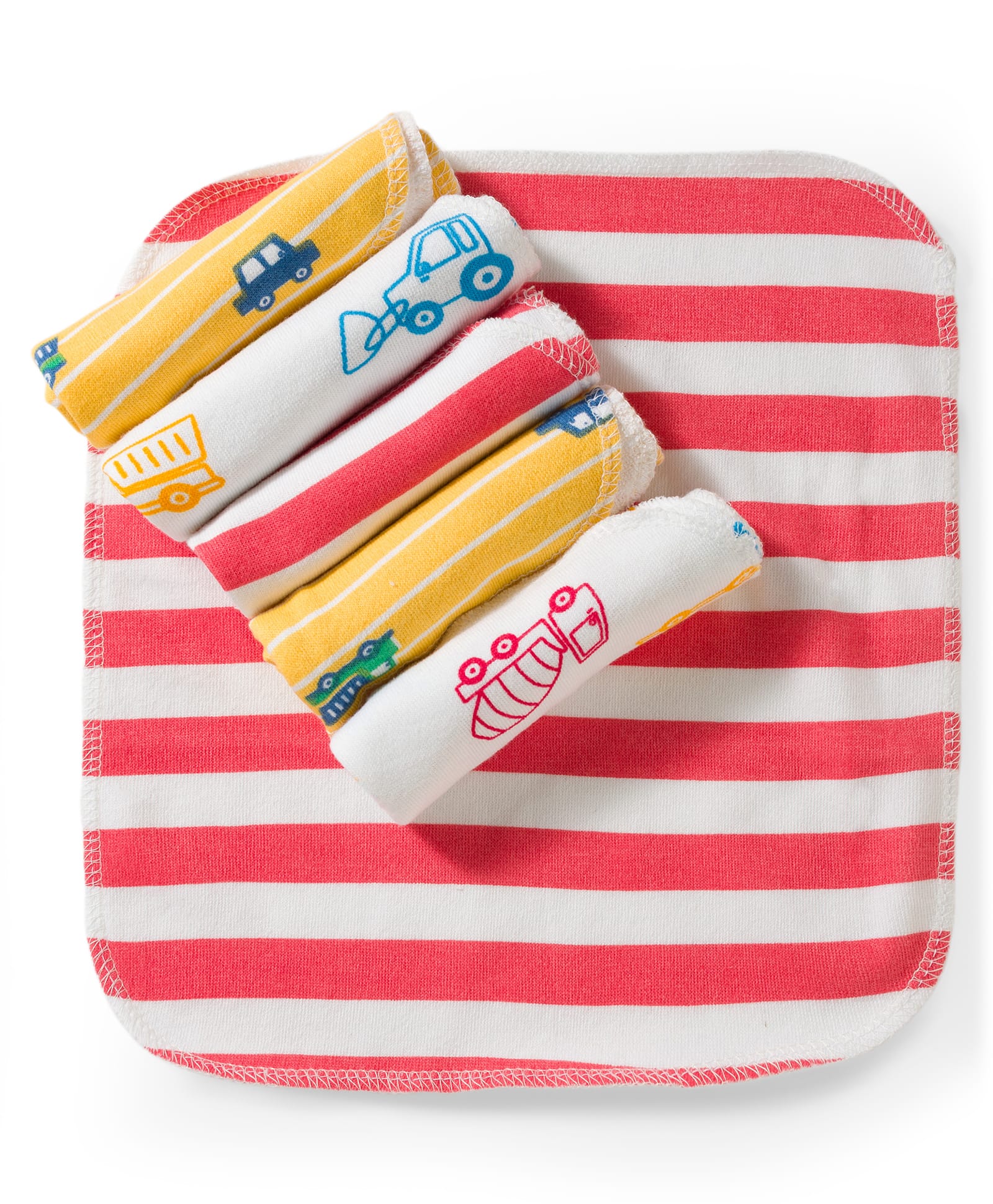 Babyhug Cotton Knit Striped Hand & Face Towels With Vehicle Print Pack of 6 - Yellow, Red & White-image-38
