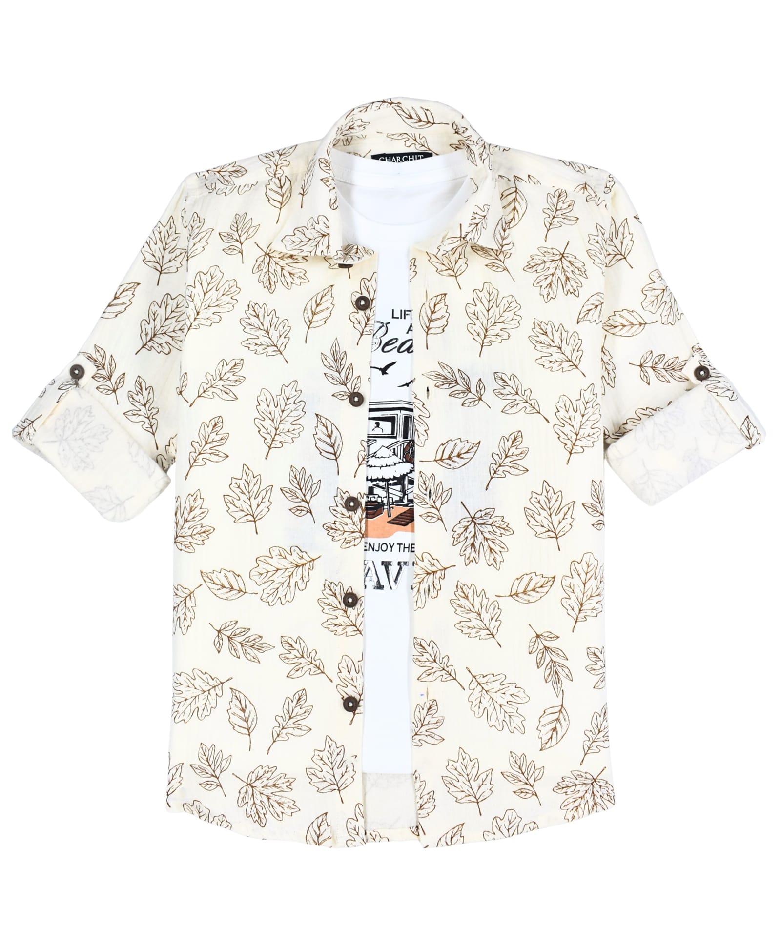 CAVIO Cotton Woven Full Sleeves Abstract Printed Shirt With Tee - Off White-picture-18