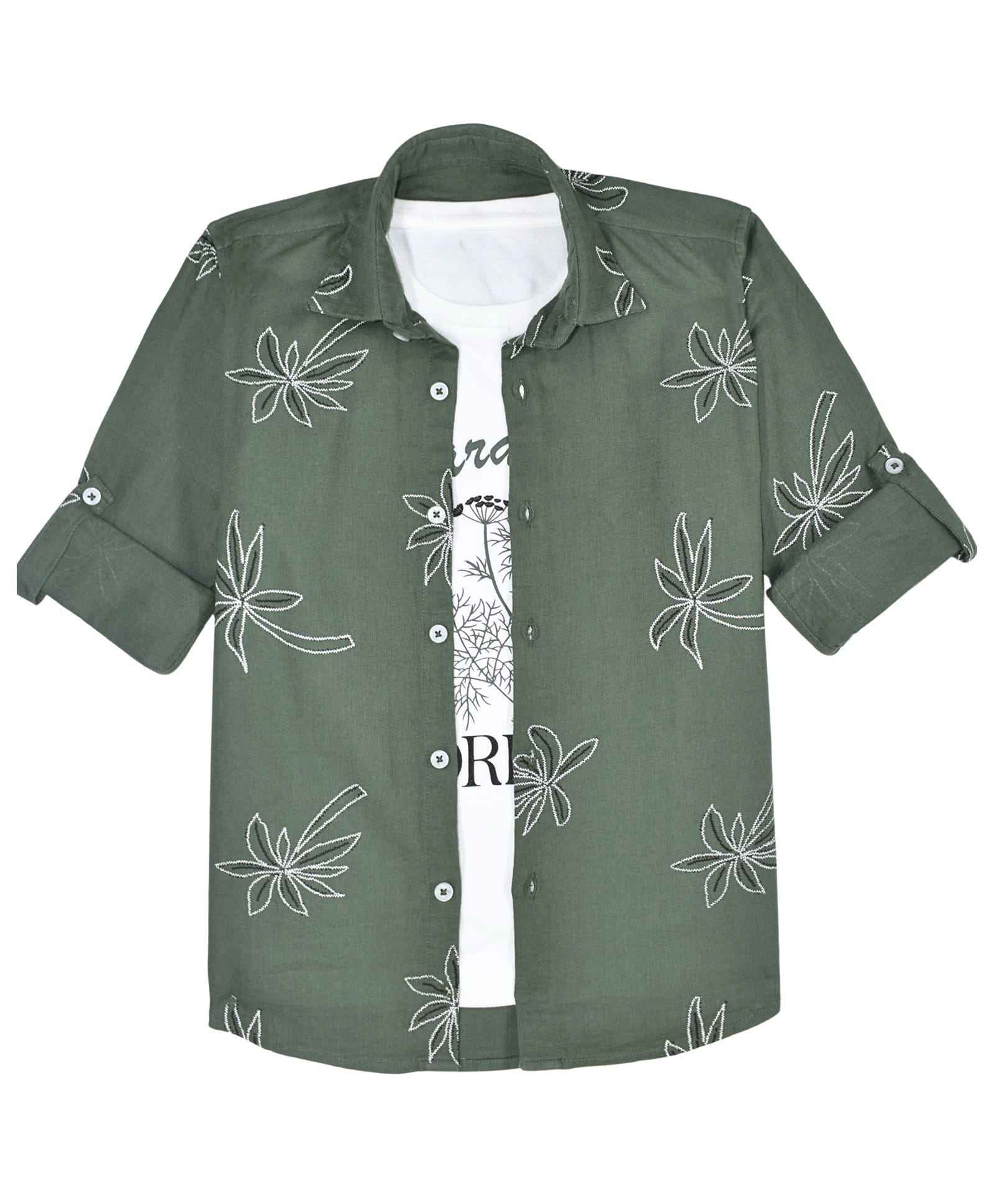 CAVIO Cotton Woven Full Sleeves Floral Printed Shirt With Tee - Olive Green-picture-32
