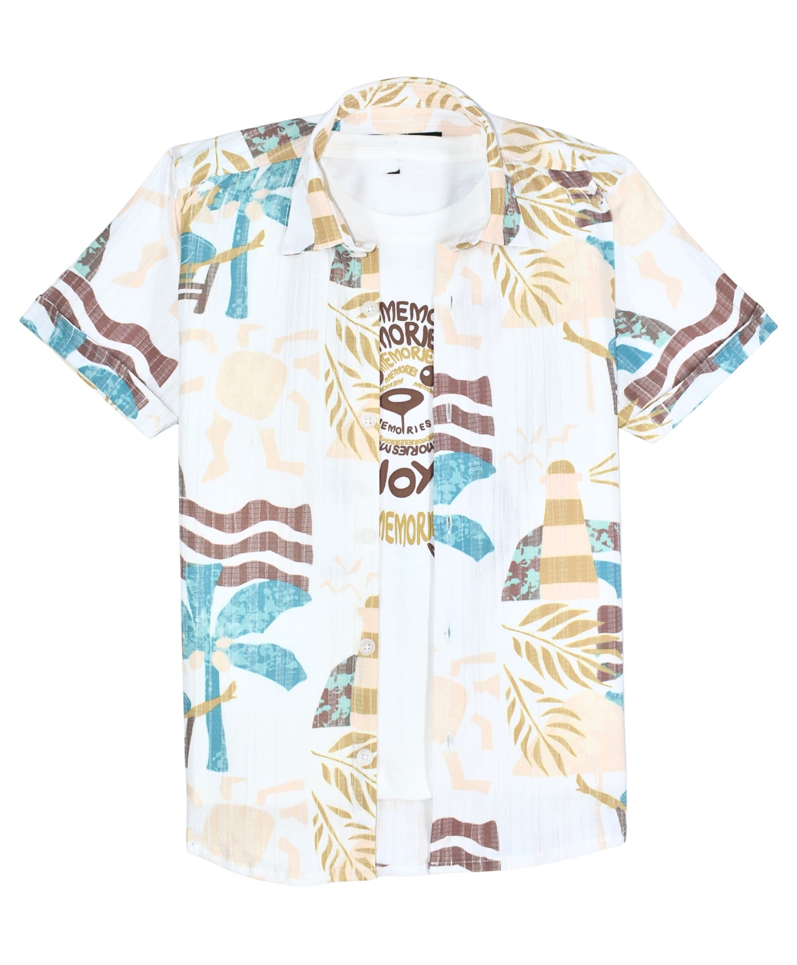 CAVIO Cotton Woven Half Sleeves Beach Theme Printed Shirt With Tee - Cream-picture-34