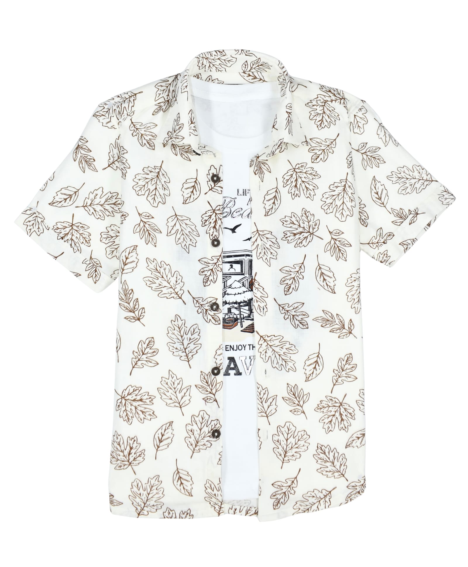 CAVIO Cotton Blend Woven Half Sleeves Leaves Printed Shirt With Tee - Off White-picture-33