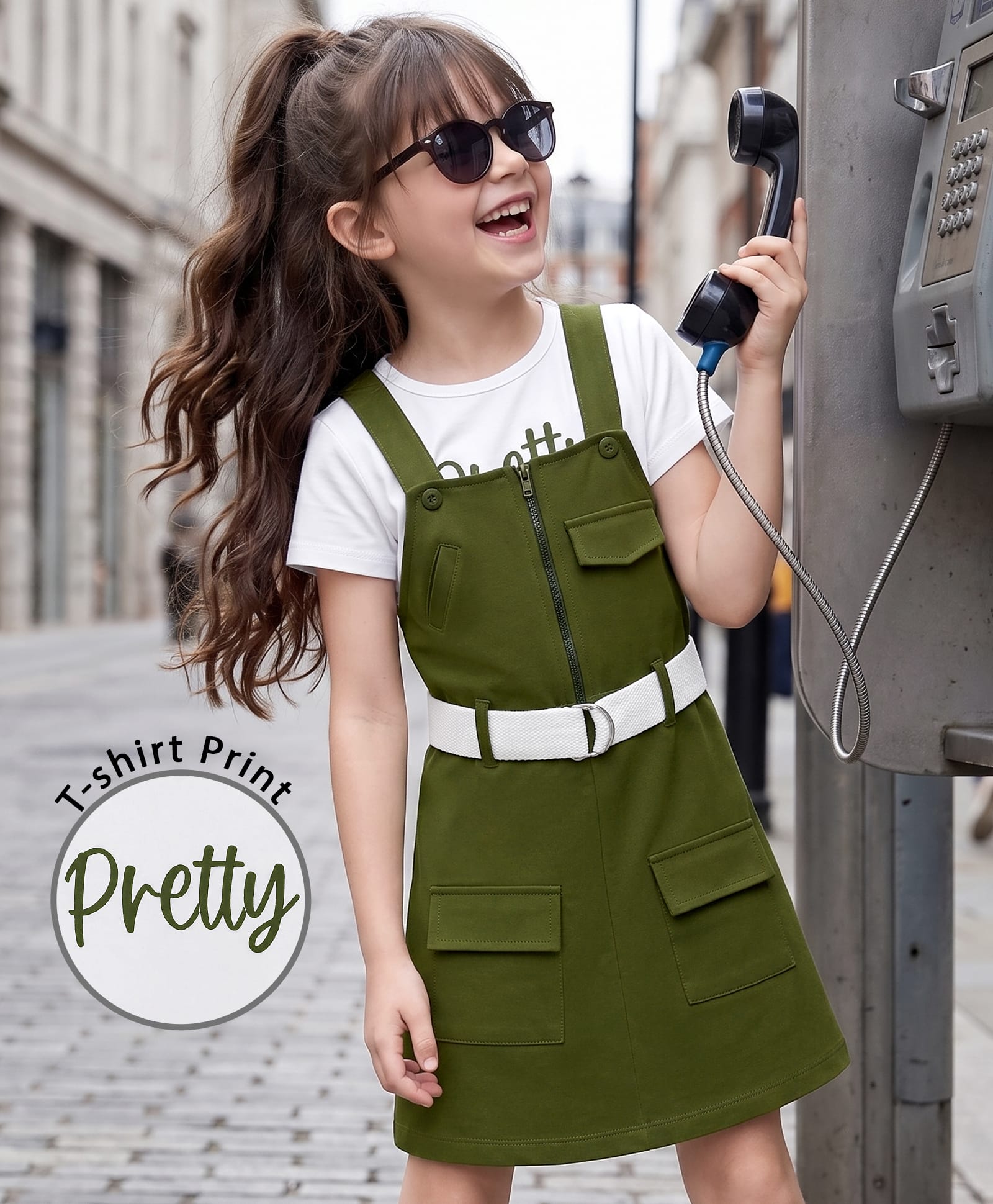 OLLINGTON ST. Single Jersey Knit Half Sleeves Inner Top & Solid Pinafore - White & Olive-image-30