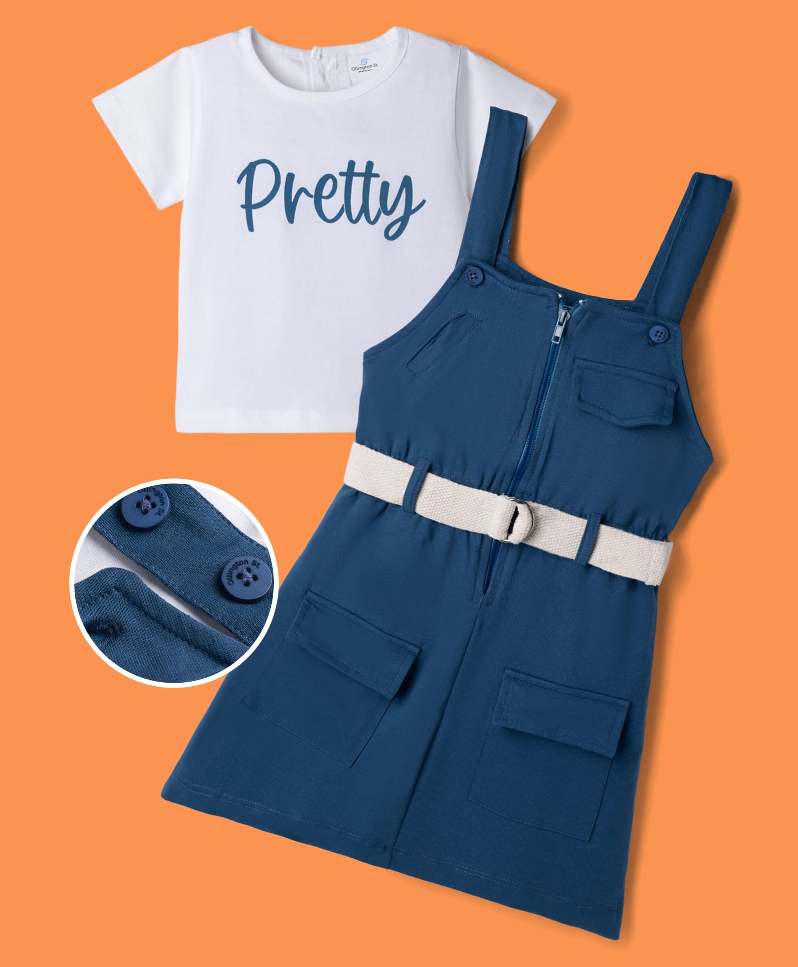 OLLINGTON ST. Cotton Knit Pinafore Dress and Inner T-Shirt and Belt with Short Sleeves and Pretty Print in White and Blue for 4-5 Years-image-24