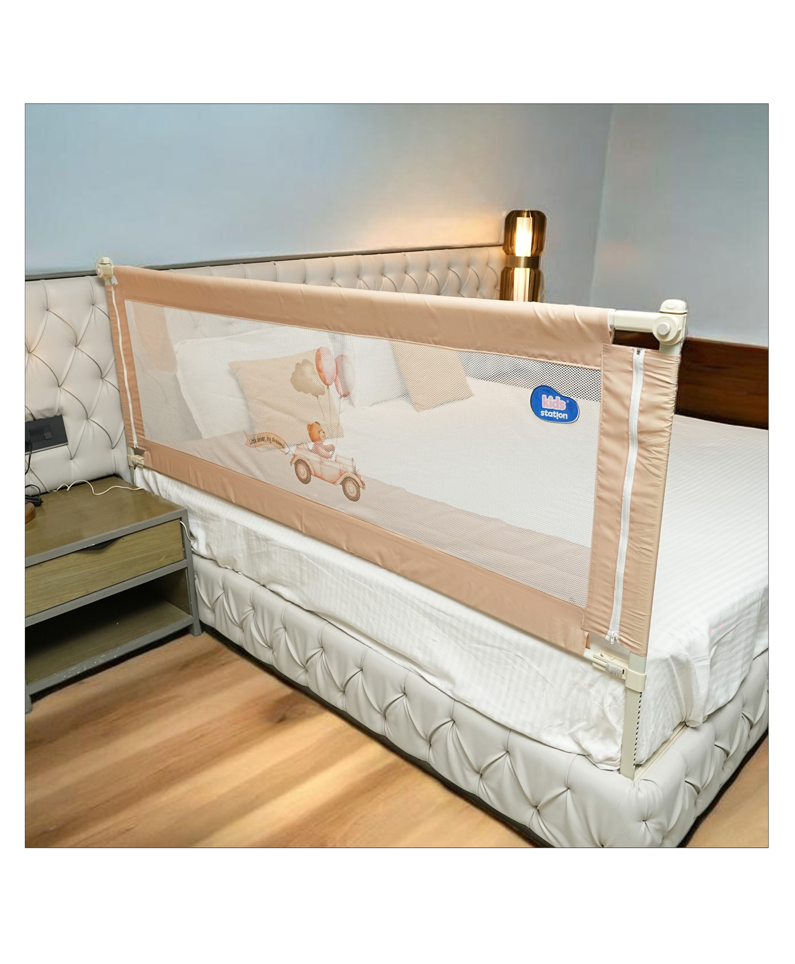Kids Station 1 Side Premium Bed Rail Guard (6.3ft x 2.6ft / 190x80cm), Bed Railing for Baby Safety, Kids Toddler Bed Protector Side Walls, Adjustable Height, Portable & Foldable (Beige)-image-23