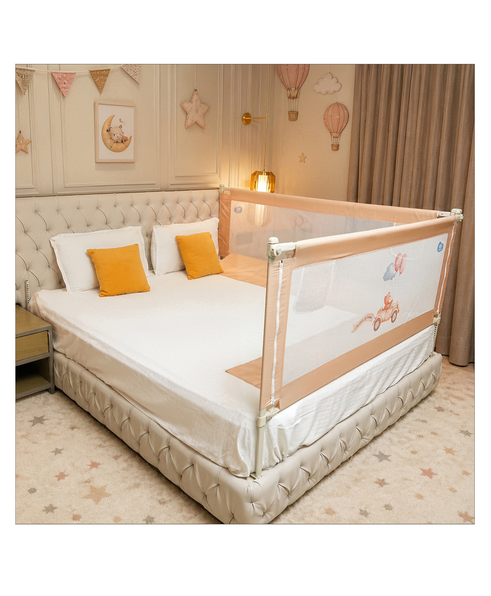 Kids Station 2 Side Premium Bed Rail Guard (6.3ft x 5ft / 190cm x 150cm), Bed Railing for Baby Safety, Kids Toddler Bed Protector Side Walls, Adjustable Height, Portable & Foldable (Beige)-image-5