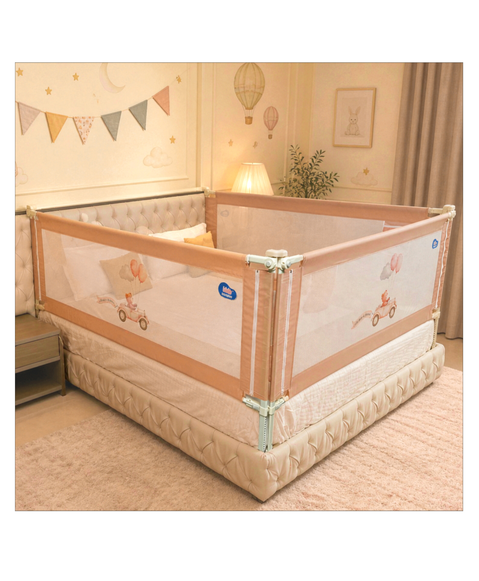 Kids Station 3 Side Premium Bed Rail Guard (6.3ftx5ftx6.3ft / 190cmx150cmx190cm), Bed Railing for Baby Safety, Kids Toddler Bed Protector Side Walls, Adjustable Height, Portable & Foldable (Beige)-image-41