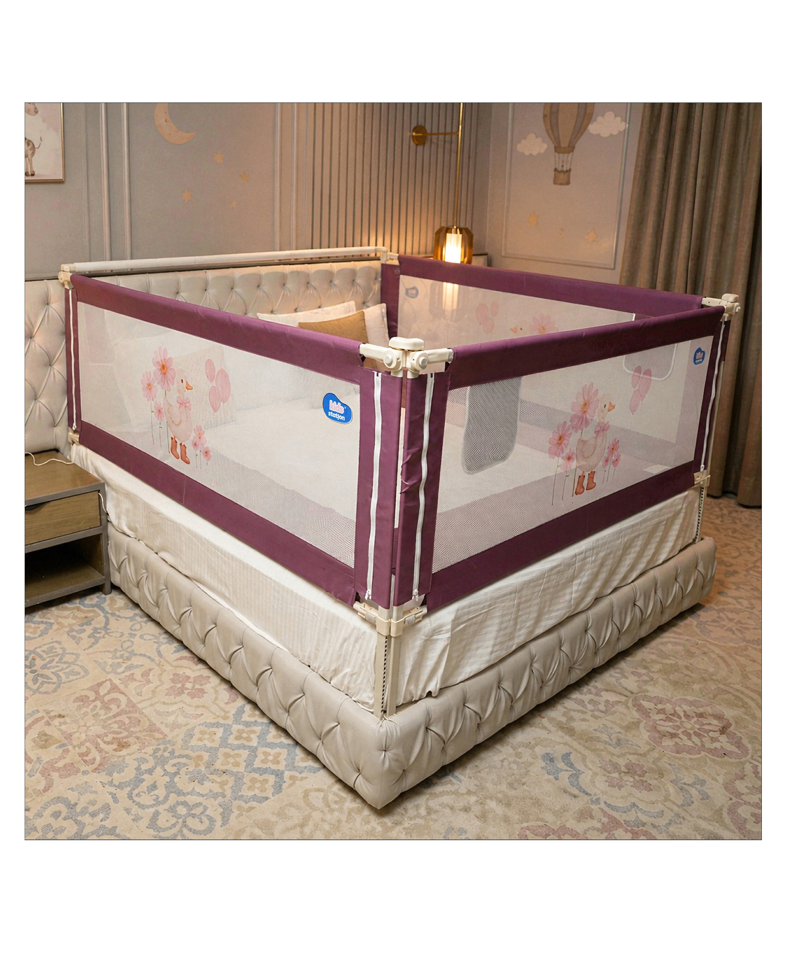 Kids Station 3 Side Premium Bed Rail Guard (6.3ftx5.3ftx6.3ft / 190cmx160cmx190cm), Bed Railing for Baby Safety, Kids Toddler Bed Protector Side Walls, Adjustable Height, Portable & Foldable (Maroon)-image-4