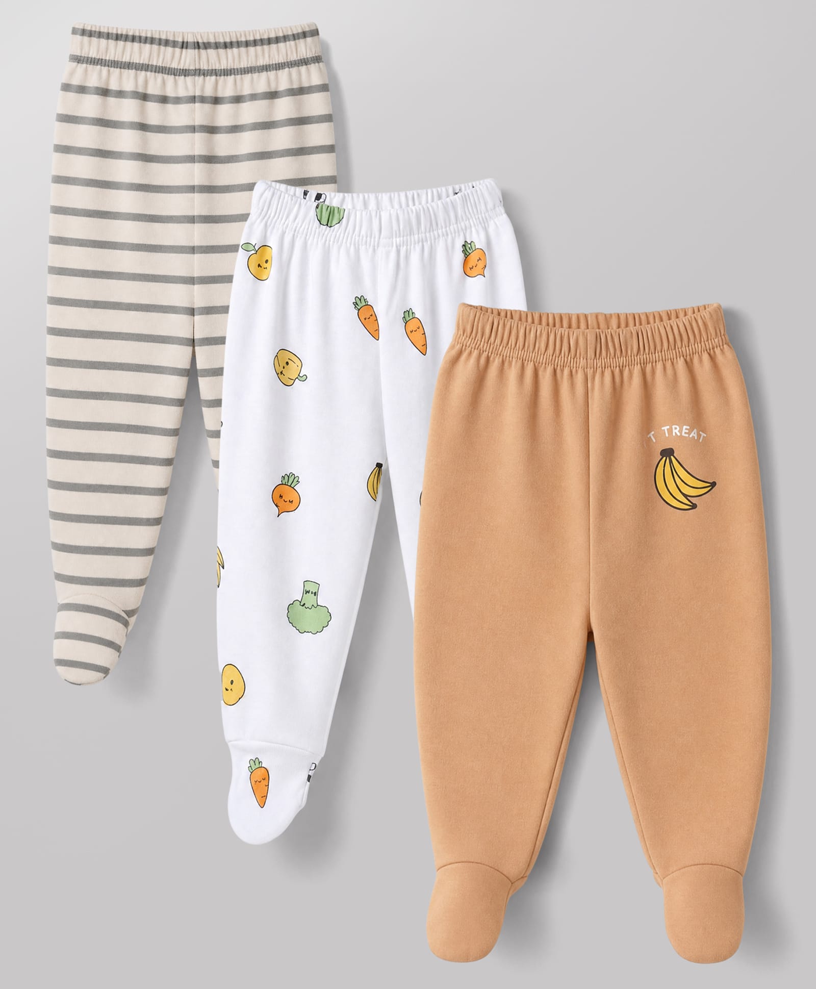 Doodle Poodle Interlock 100% Cotton Knit Full Length Striped Bootie Leggings With Fruit Print Pack of 3 - Beige, Cream & Bright White-image-43