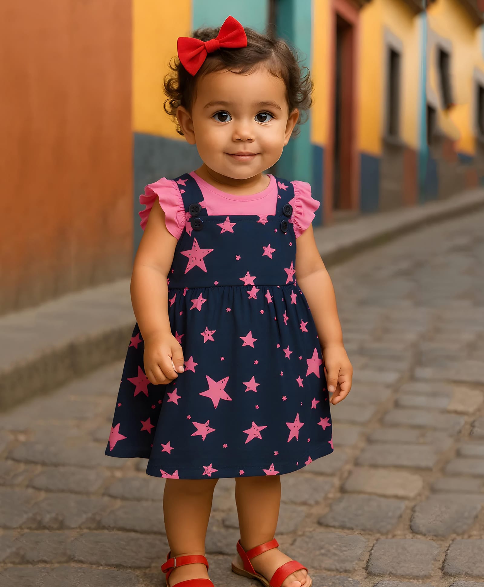 Clothe Funn Cotton Knit Sleeveless Star Printed Pinafore Dress With Tee - Navy Blue & Pink-picture-31