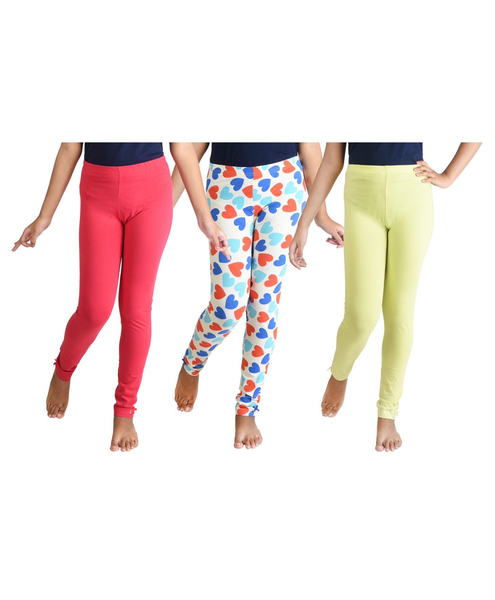 Clothe Funn Cotton Knit Pack Of 3 Heart Printed Leggings - Lime Green Coral & Off-White-picture-17