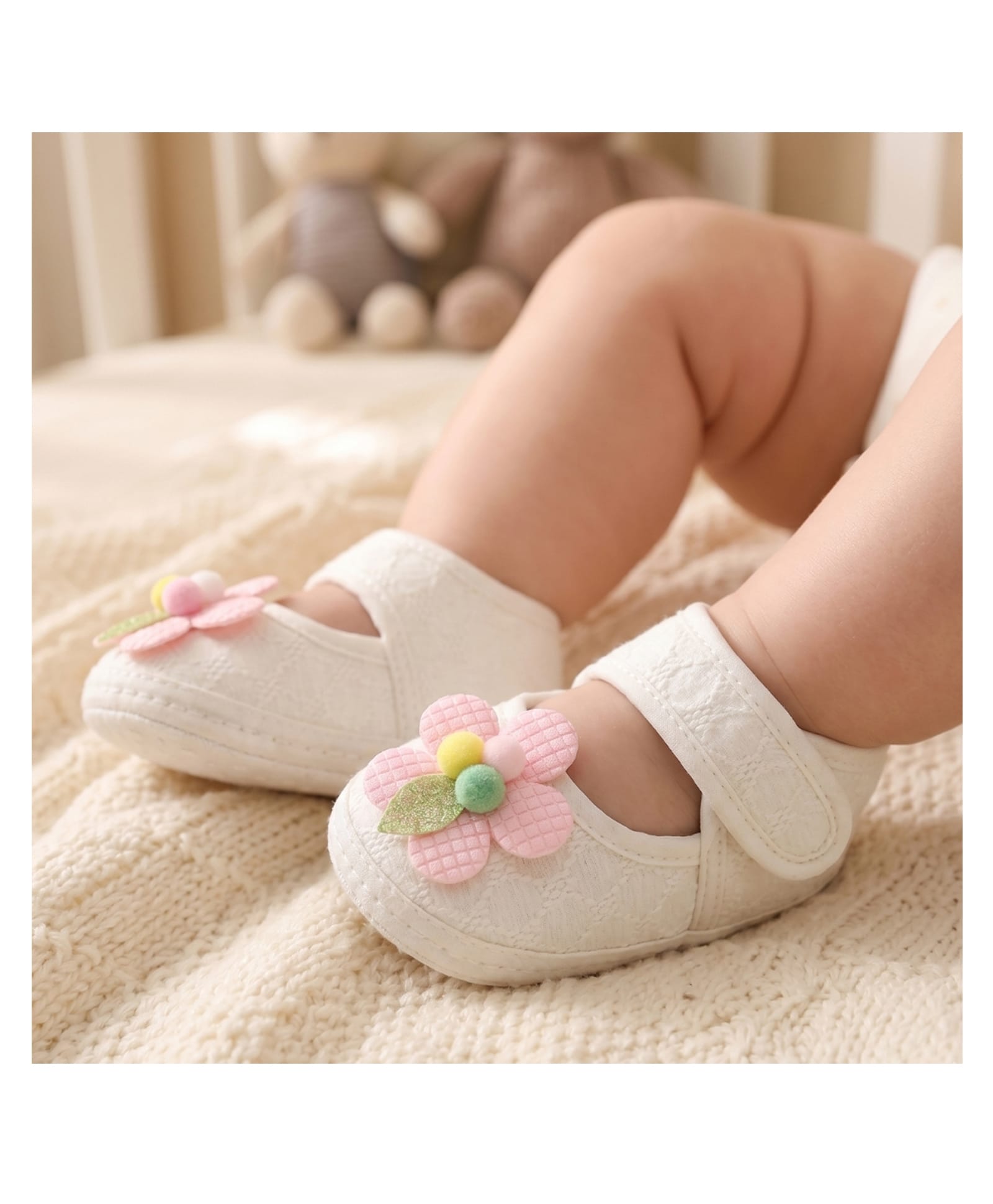 Neska Moda Floral Applique Detailed Velcro Closure Booties - White & Pink-image-30