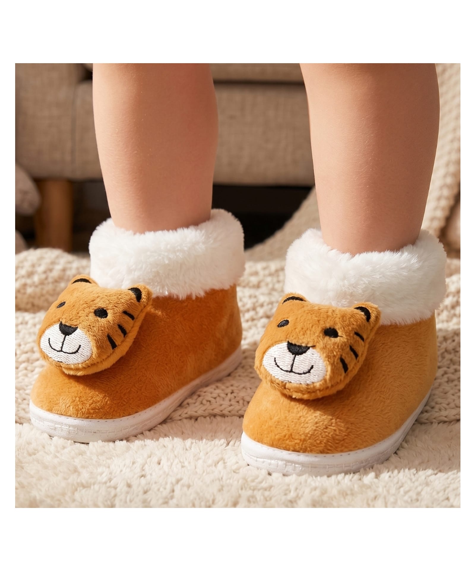 Neska Moda Tiger Applique & Fur Detailed Booties - White & Brown-picture-43
