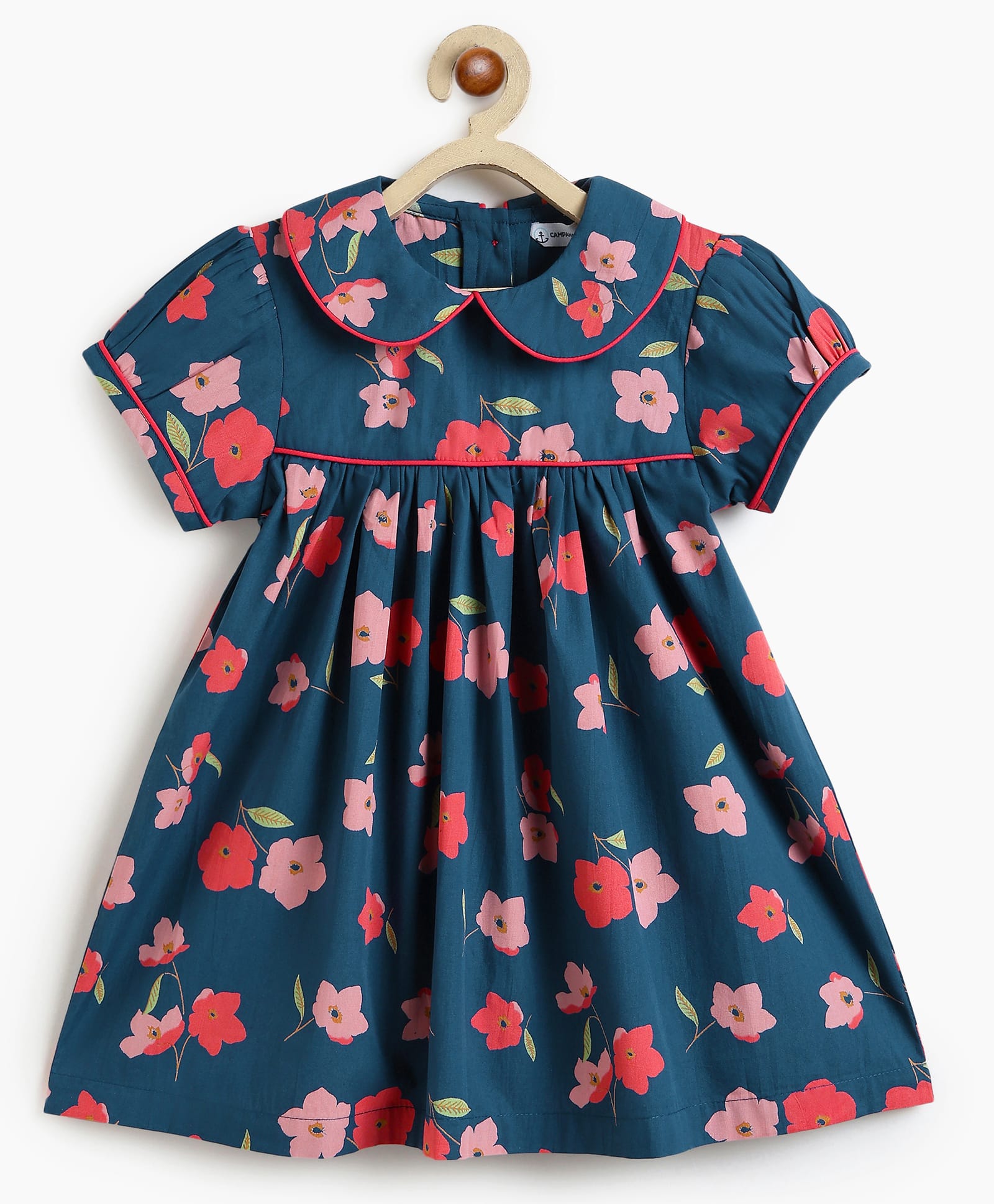 Campana 100% Cotton Woven Half Puffed Sleeves Floral Printed Dress - Navy Blue-picture-20