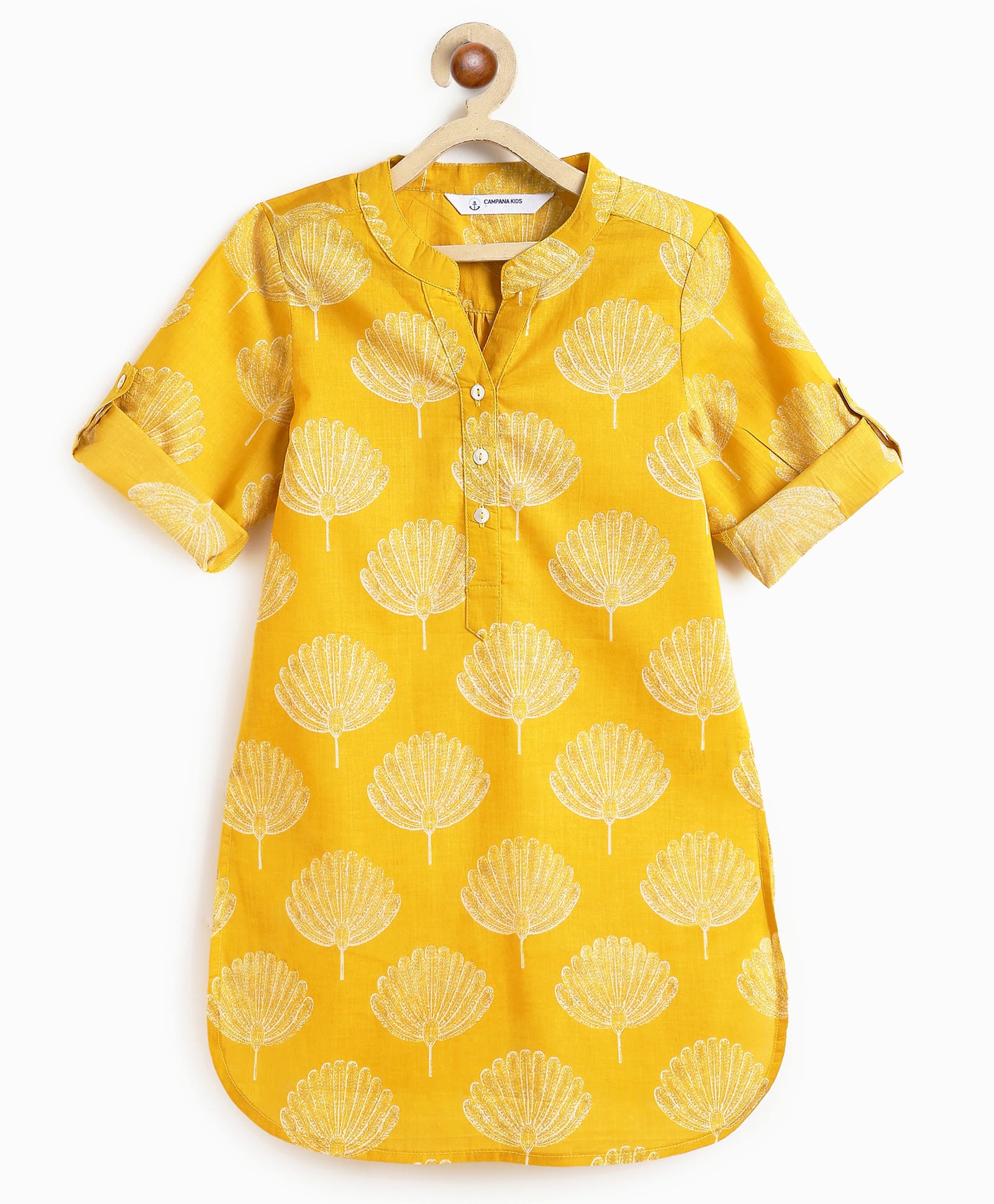 Campana 100% Cotton Woven Three Fourth Sleeves Floral Printed Kurti - Mustard & Off White-image-5