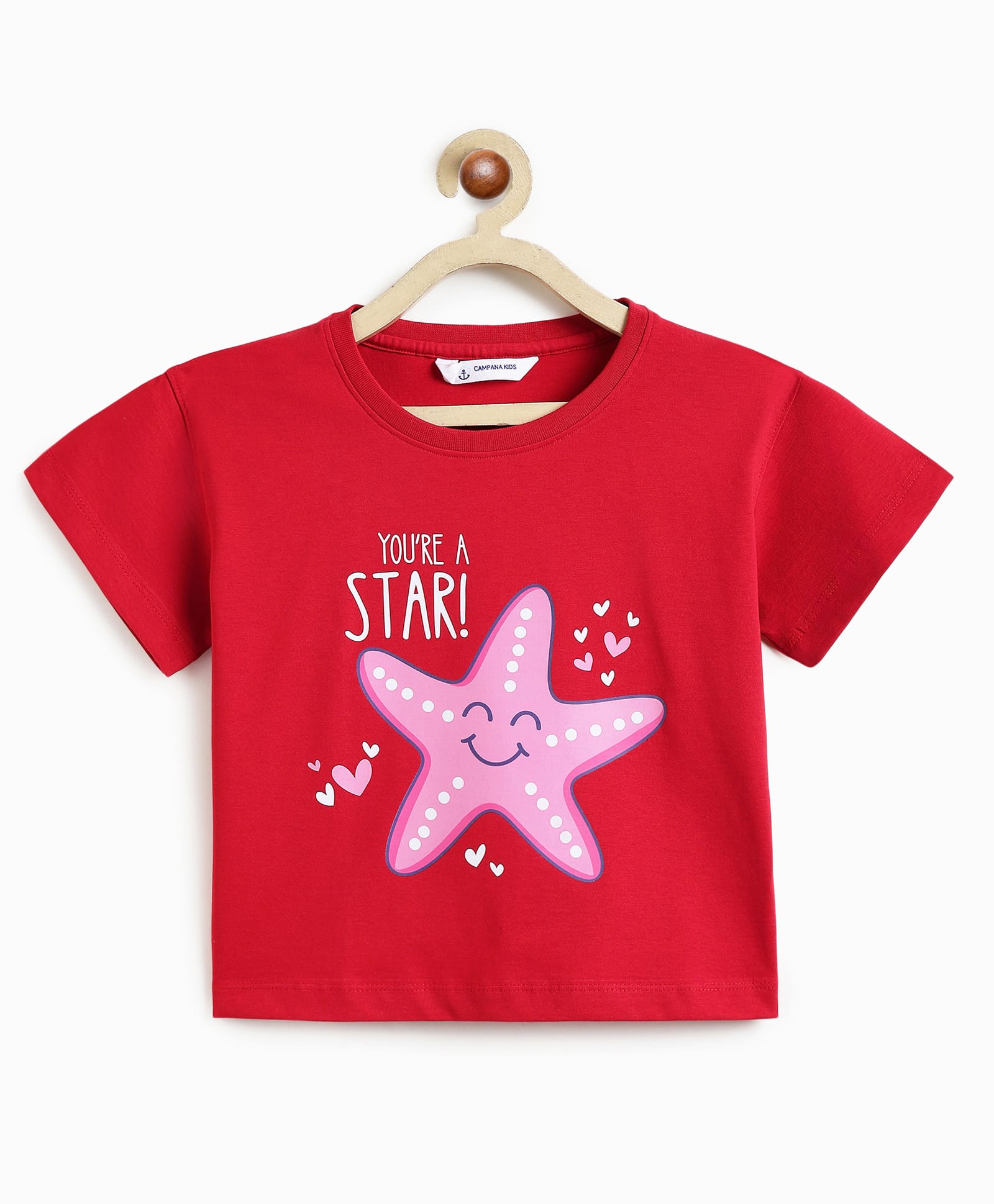 Campana 100% Cotton Knit Half Sleeves Starfish & You Re A Star Text Printed Tee - Red-picture-23