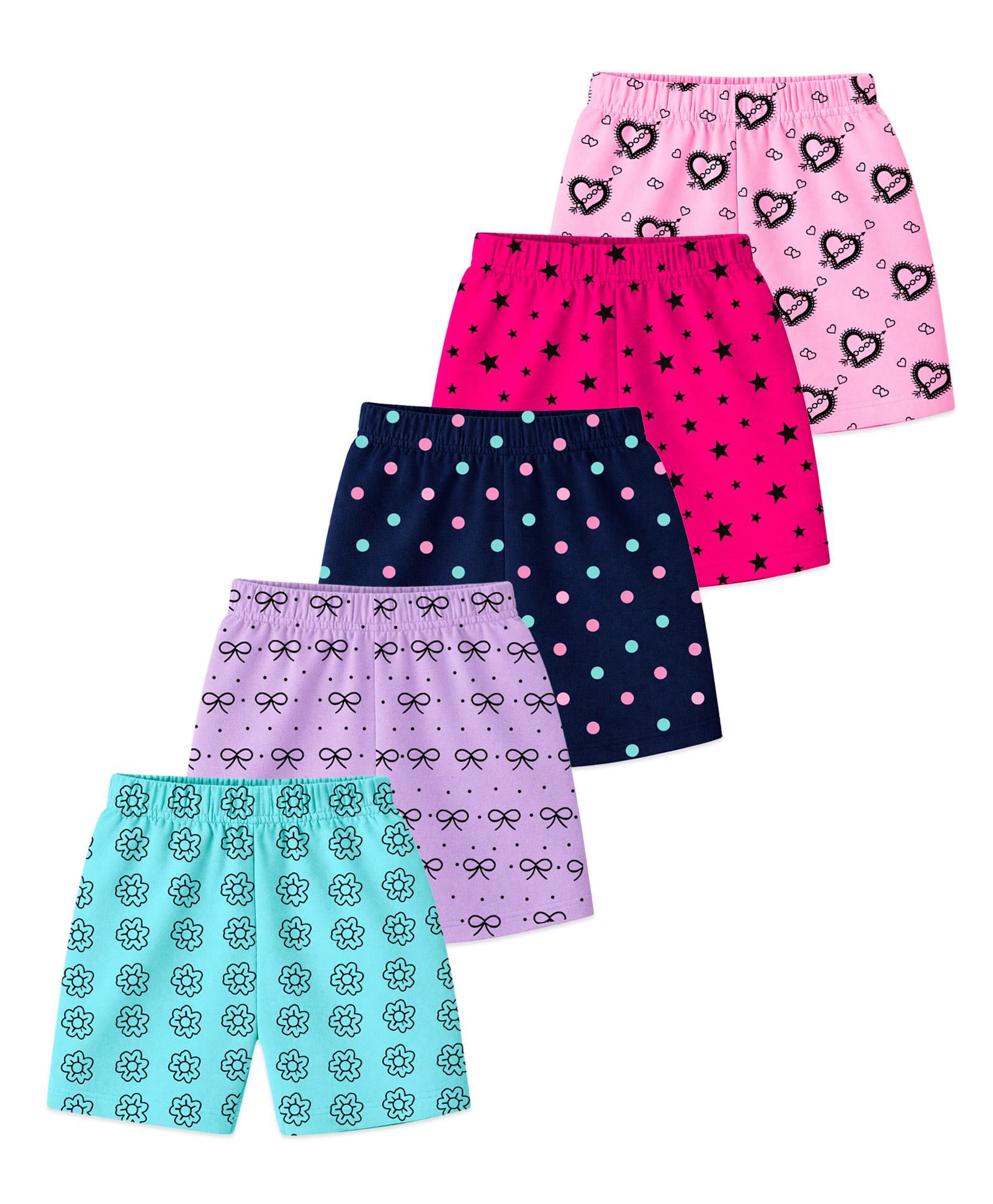 KUCHIPOO Cotton Blend Knit Pack Of 5 Floral Hearts Stars & Polka Dots Printed Shorts - Multi Colour-picture-17