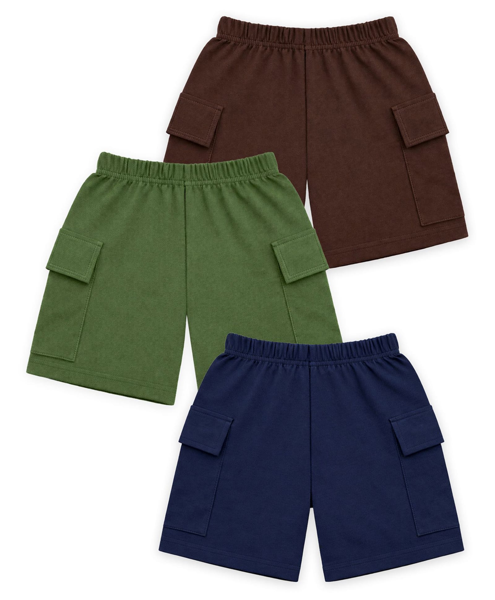 KUCHIPOO Cotton Blend Knit Pack Of 3 Solid Cargo Shorts - Brown Olive Green & Navy Blue-picture-24