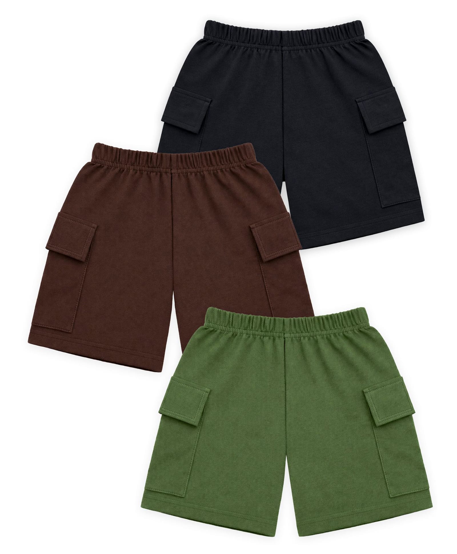 KUCHIPOO Cotton Blend Knit Pack Of 3 Solid Cargo Shorts - Brown Olive Green & Black-image-30