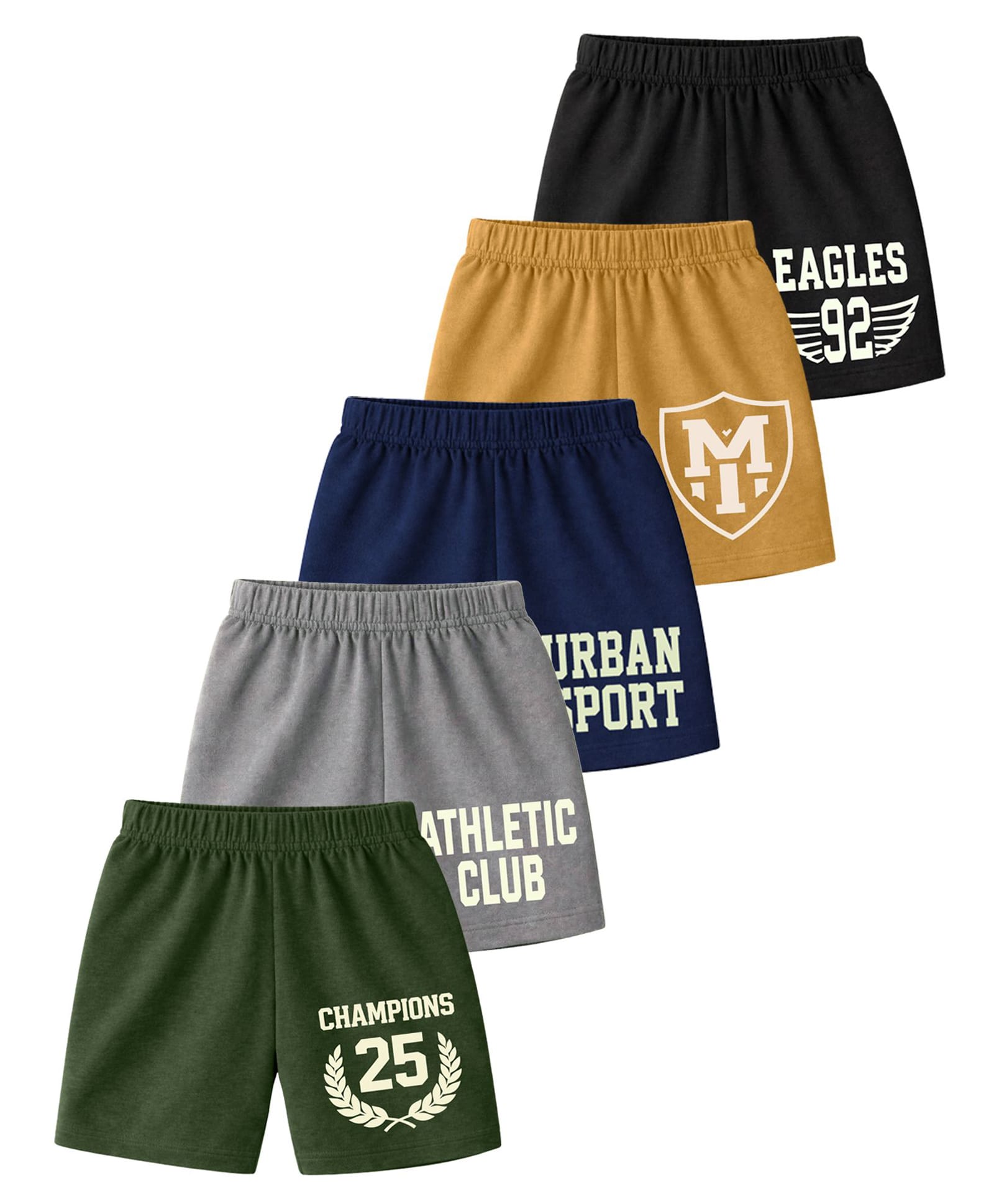 KUCHIPOO Cotton Blend Knit Pack Of 5 Typography & Numerical Printed Shorts - Olive Grey Navy Blue Mustard & Black-picture-34