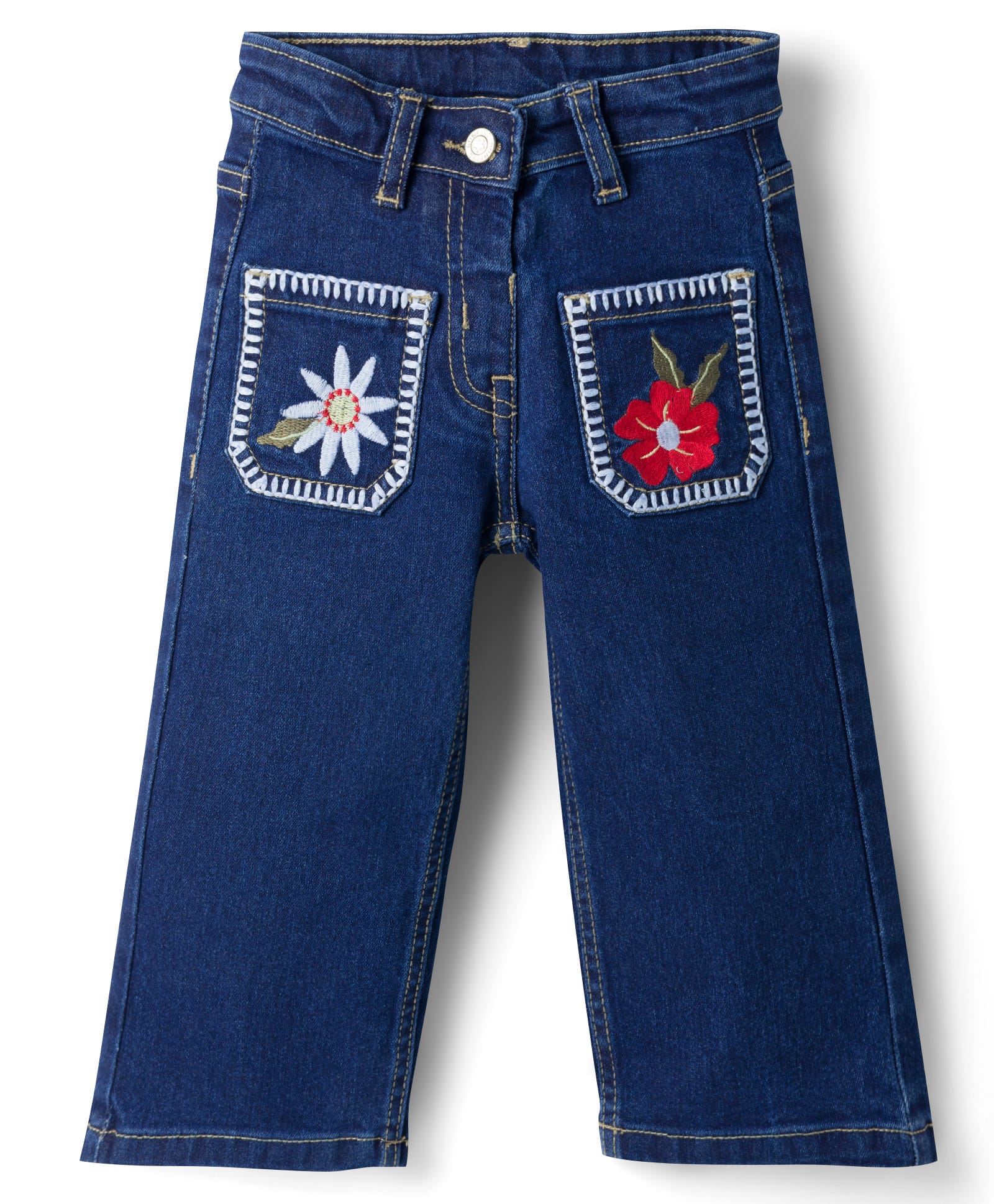 Bonfino Woven Full Length Floral Embroidered Pocket Wide Leg Jeans - Navy Blue-picture-13