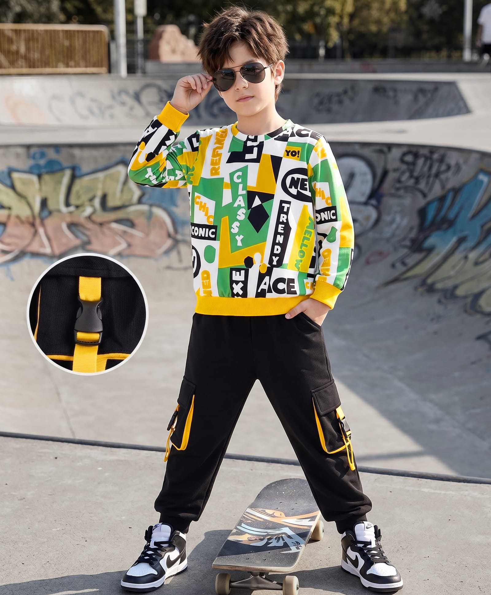 Ollington St. Looper Knit Full Sleeves Winter Wear Sweatshirt & Jogger Set Slogan Print - Yellow & Black-image-5