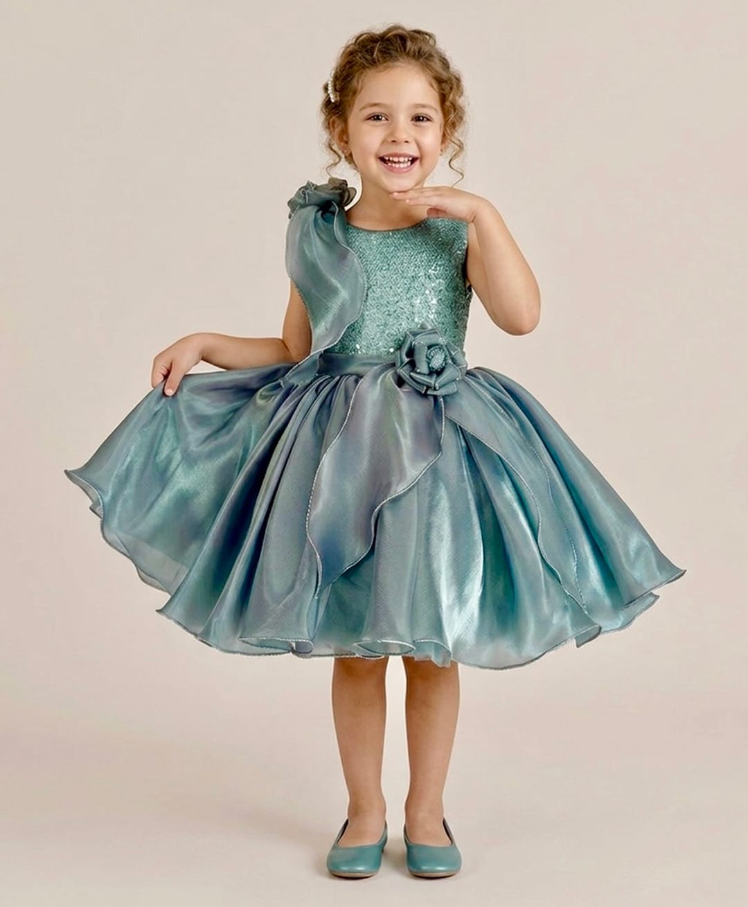 smile baby NX Tissue Knit Sleeveless Sequin Embellished Floral Applique Detailed Dress - Teal Blue-image-10