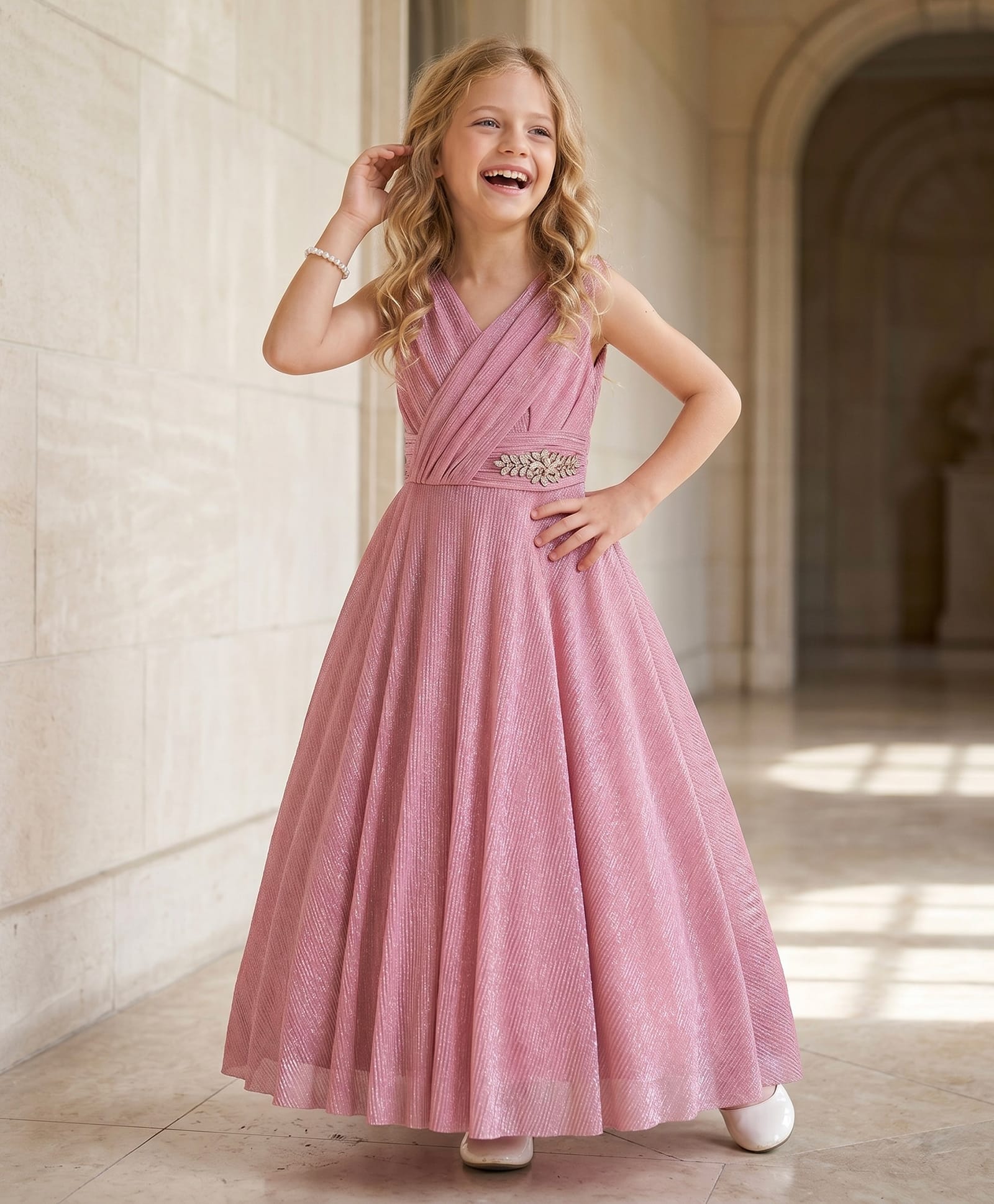 smile baby NX Viscose Lycra Knit Sleeveless Floral Designed Stones Embellished Gown - Pink-image-15