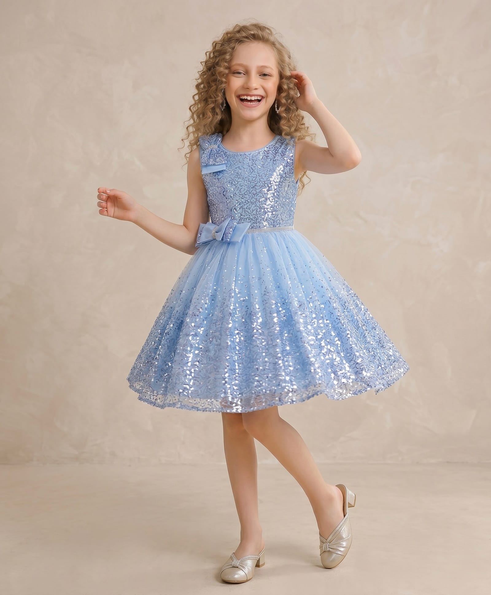 smile baby NX Sequence Knit Sleeveless Stones Embellished Bow Applique Detailed Dress - Sky Blue-image-12
